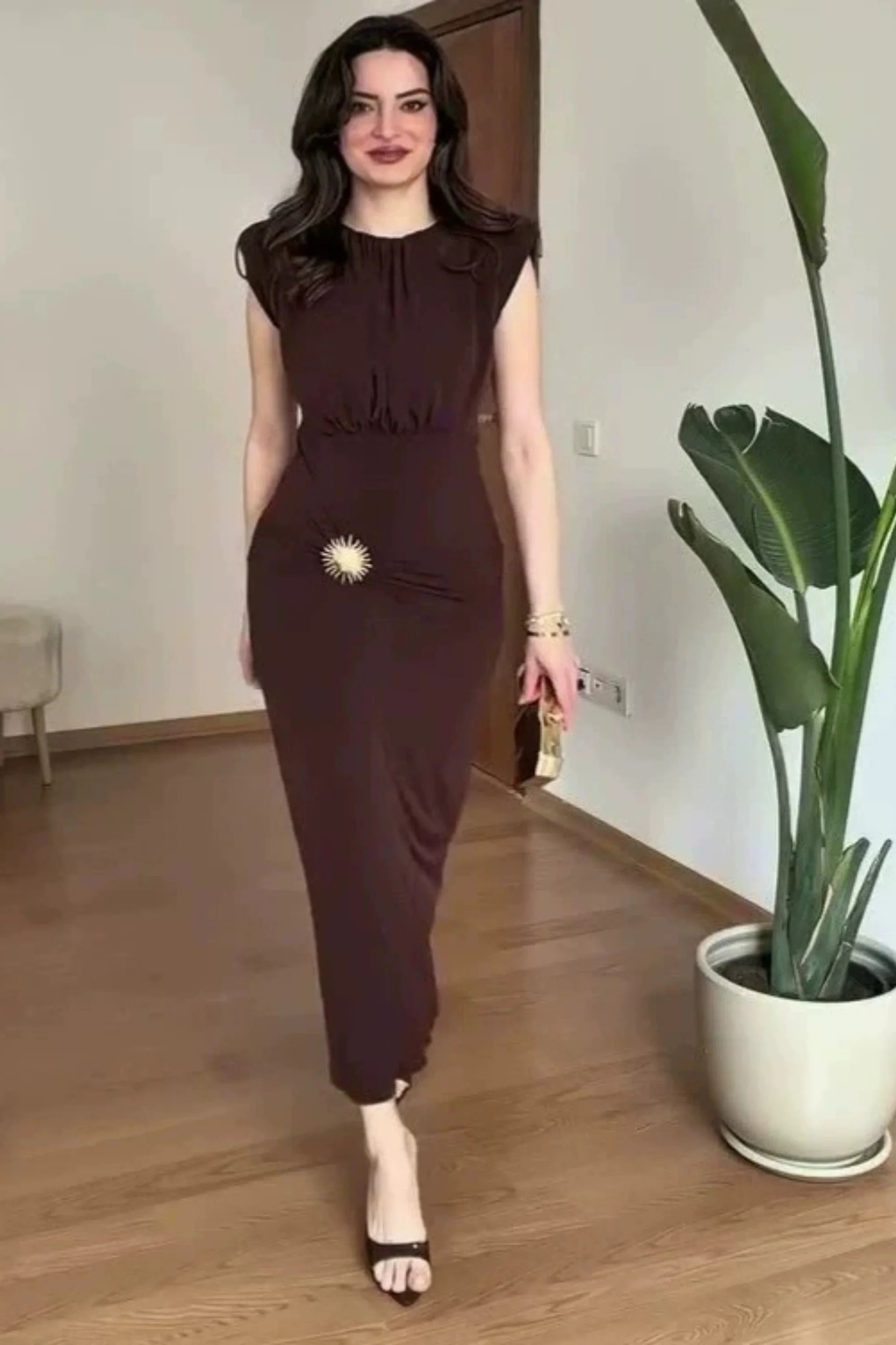 high waist cap sleeve midi dress High-Waist Cap-Sleeve with Sun Buckle – Alzya PromDress