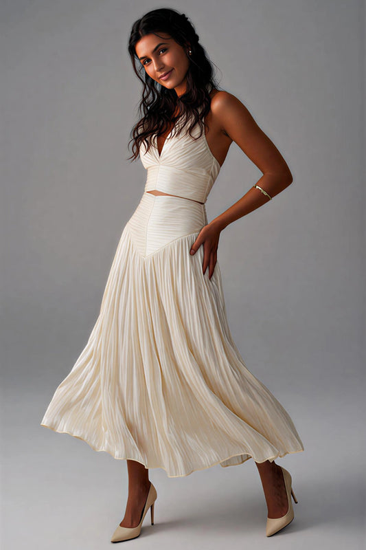 Halter Crop Top and Pleated Skirt Set