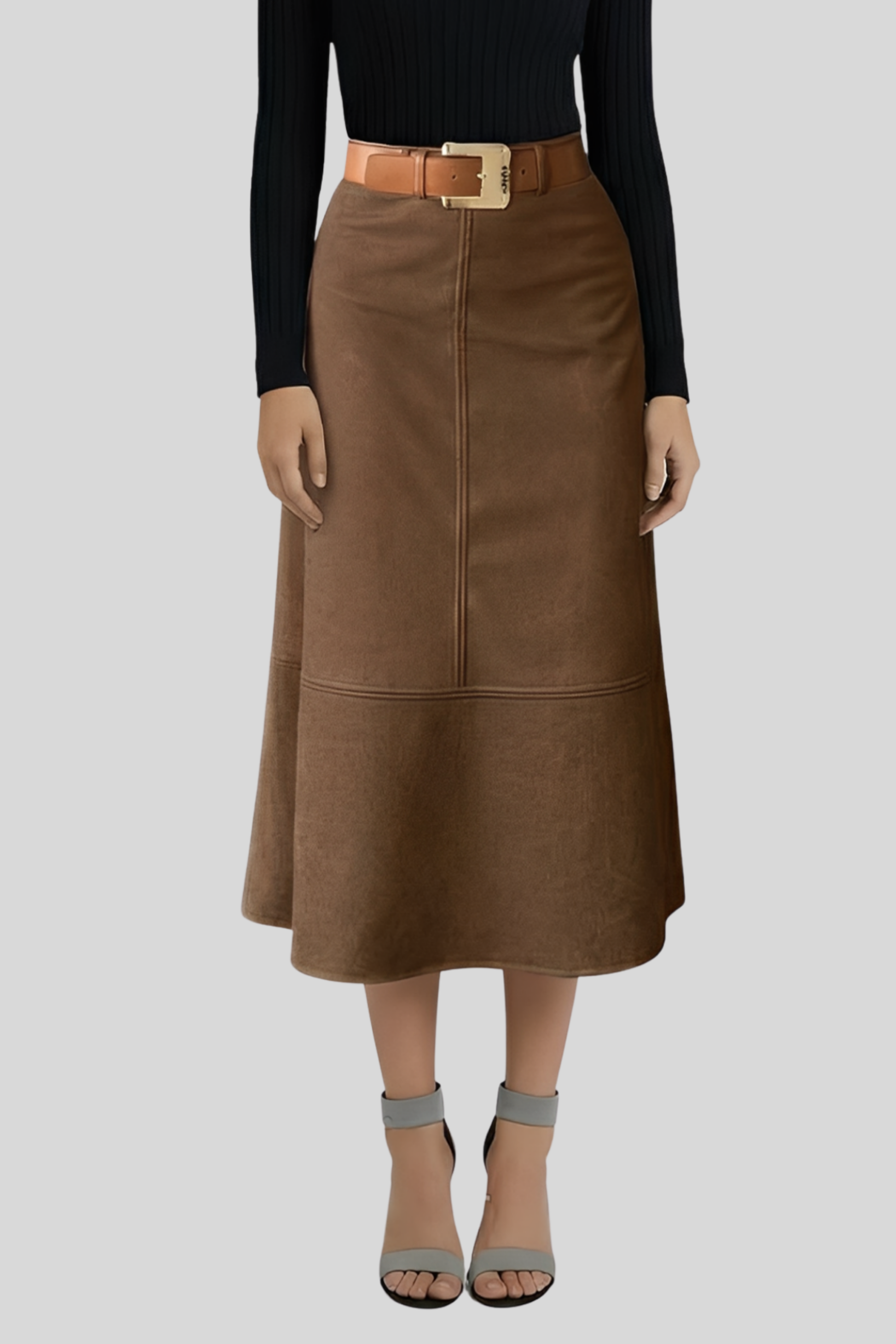 suede-a-line-midi-skirt-women Brown
