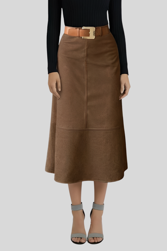 suede-a-line-midi-skirt-women Brown