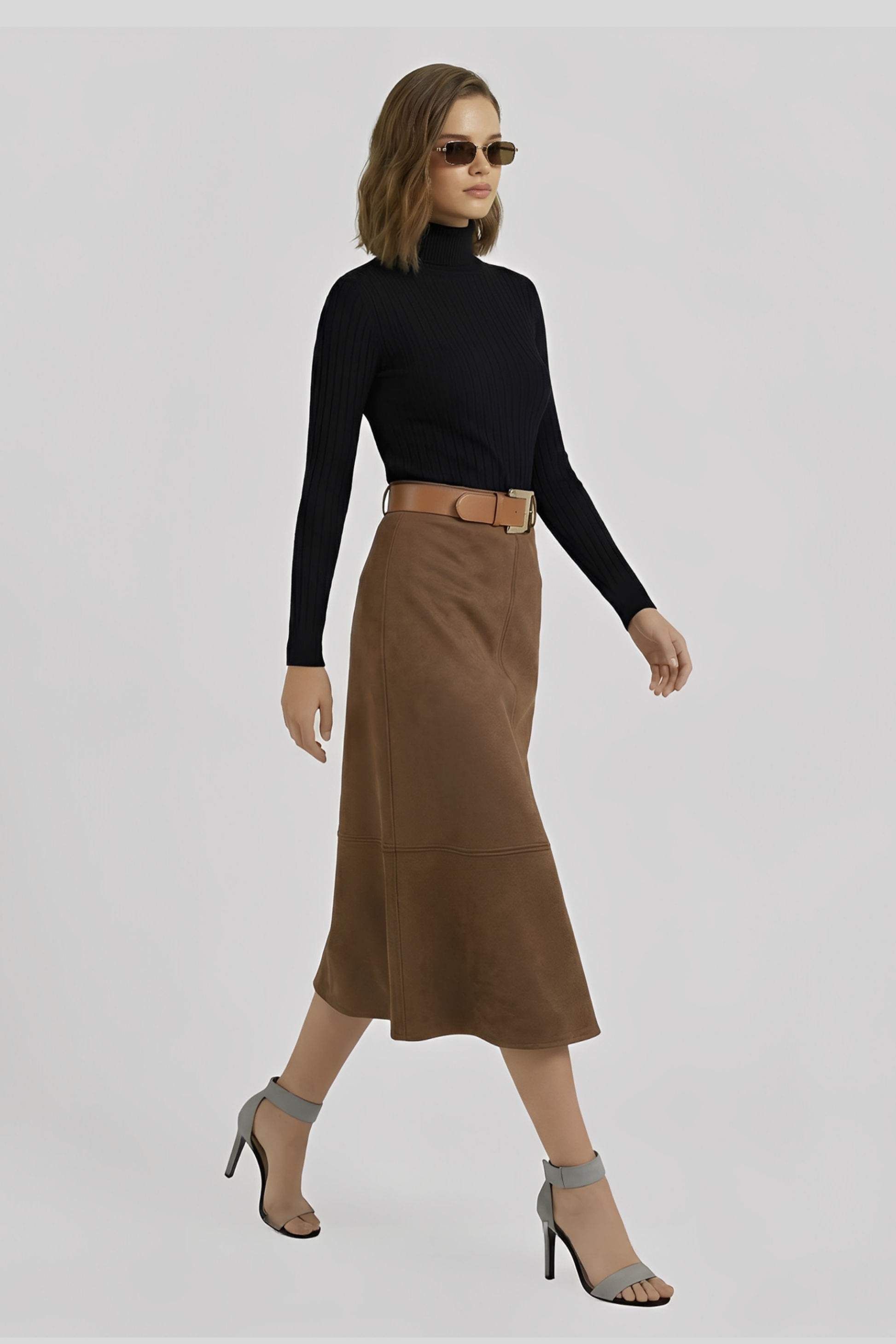 suede-a-line-midi-skirt-women Brown