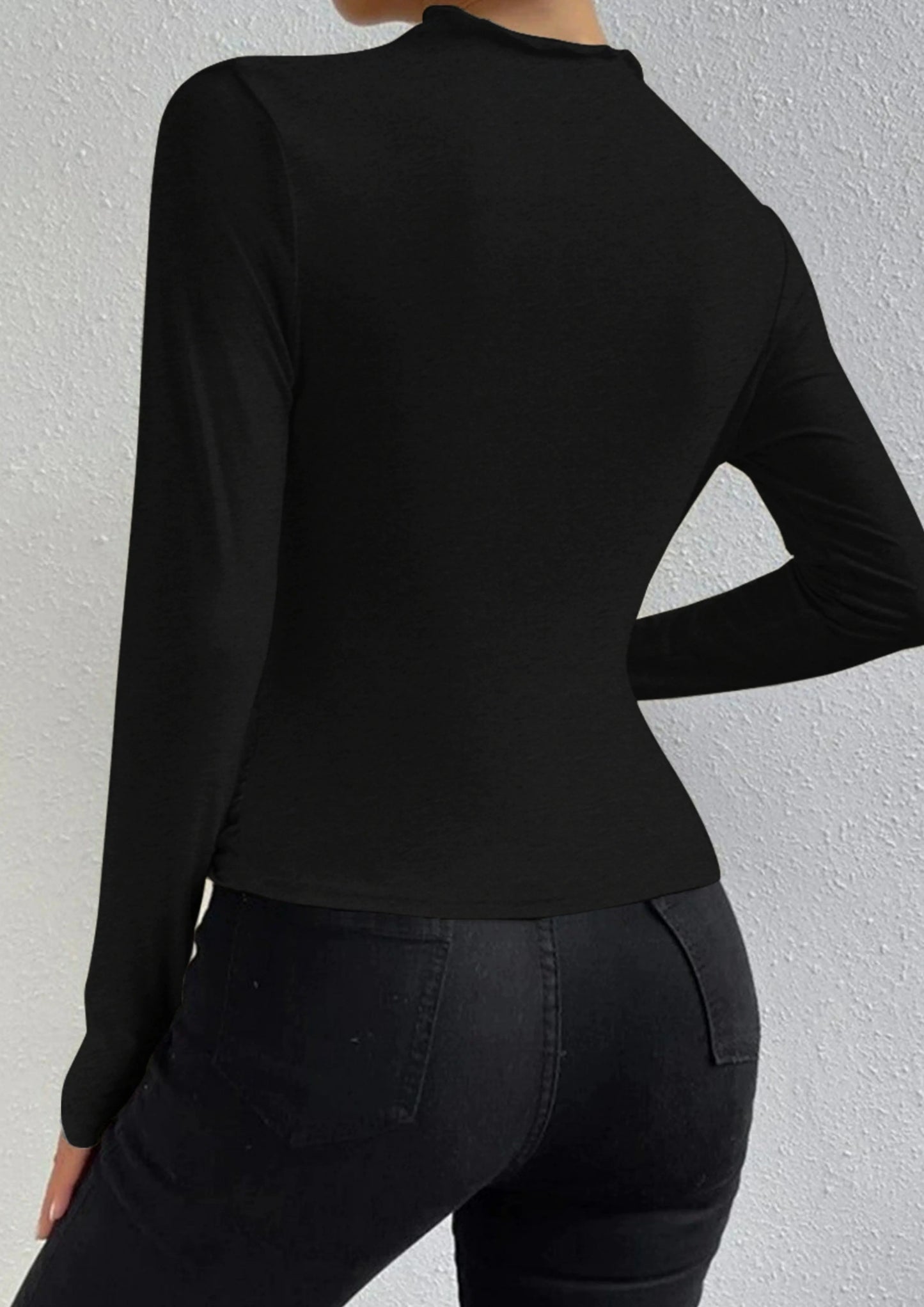 Asymmetric Draped Neck Long-Sleeve Top Black