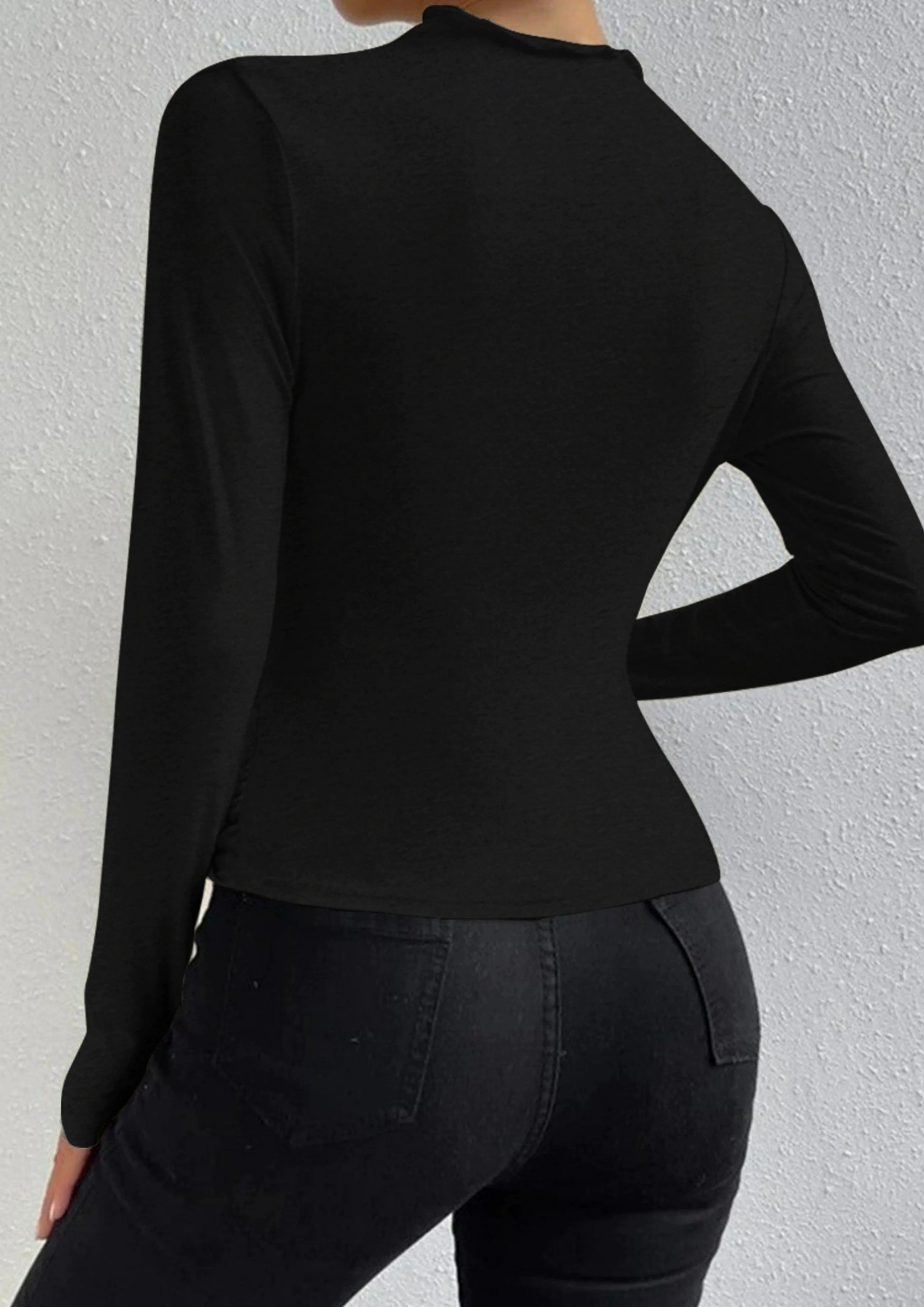Asymmetric Draped Neck Long-Sleeve Top Black