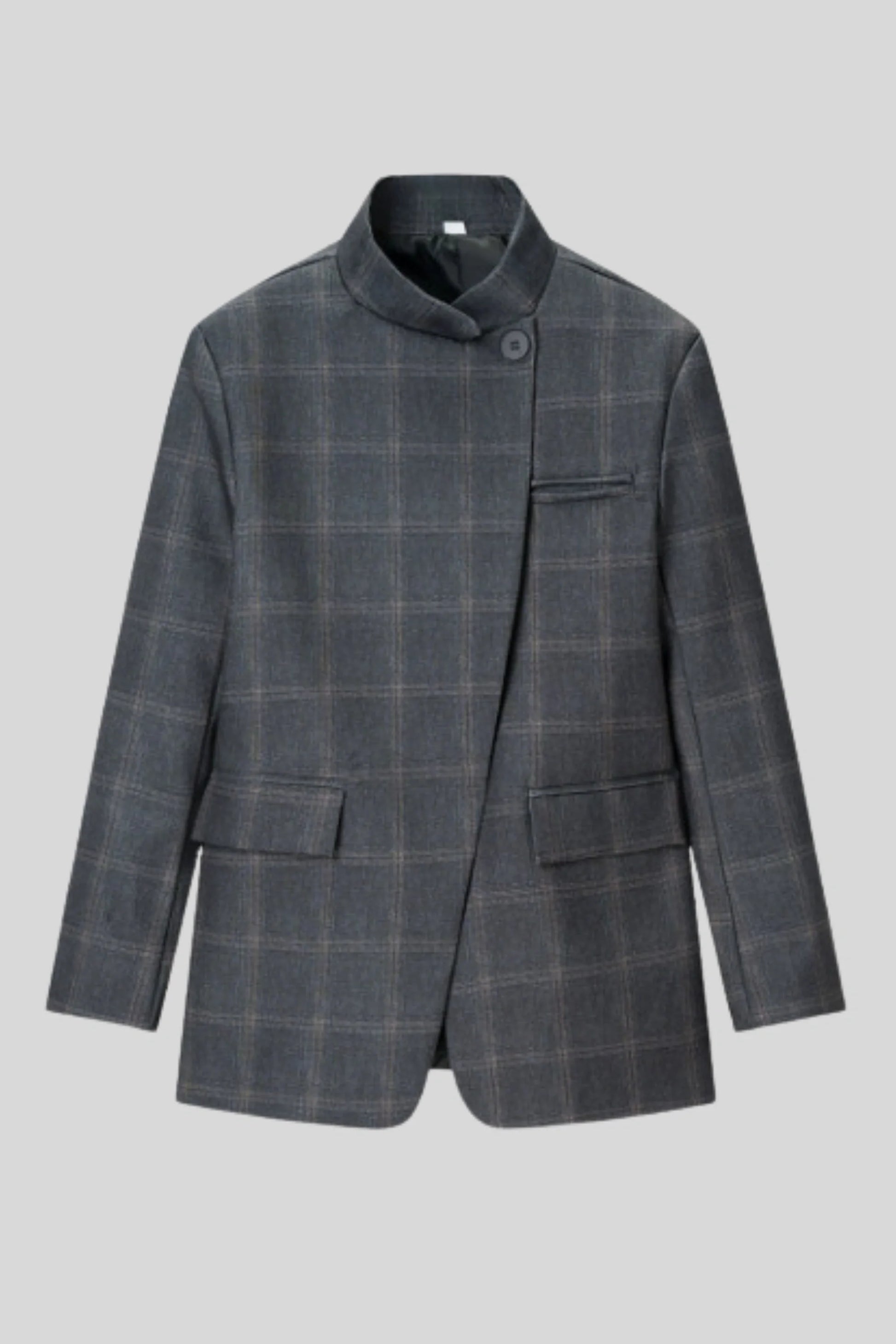 Dark Grey Plaid Stand-Collar Blazer with Asymmetric Closure Dark Grey Plaid