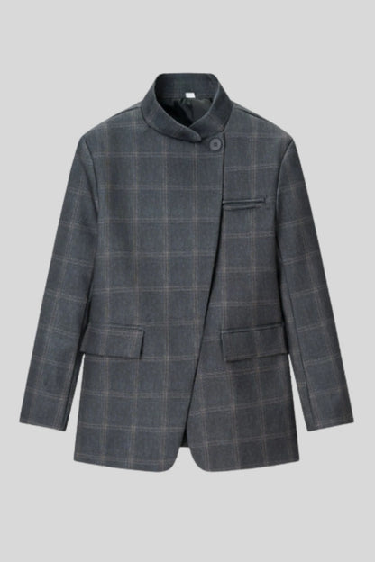 Dark Grey Plaid Stand-Collar Blazer with Asymmetric Closure Dark Grey Plaid