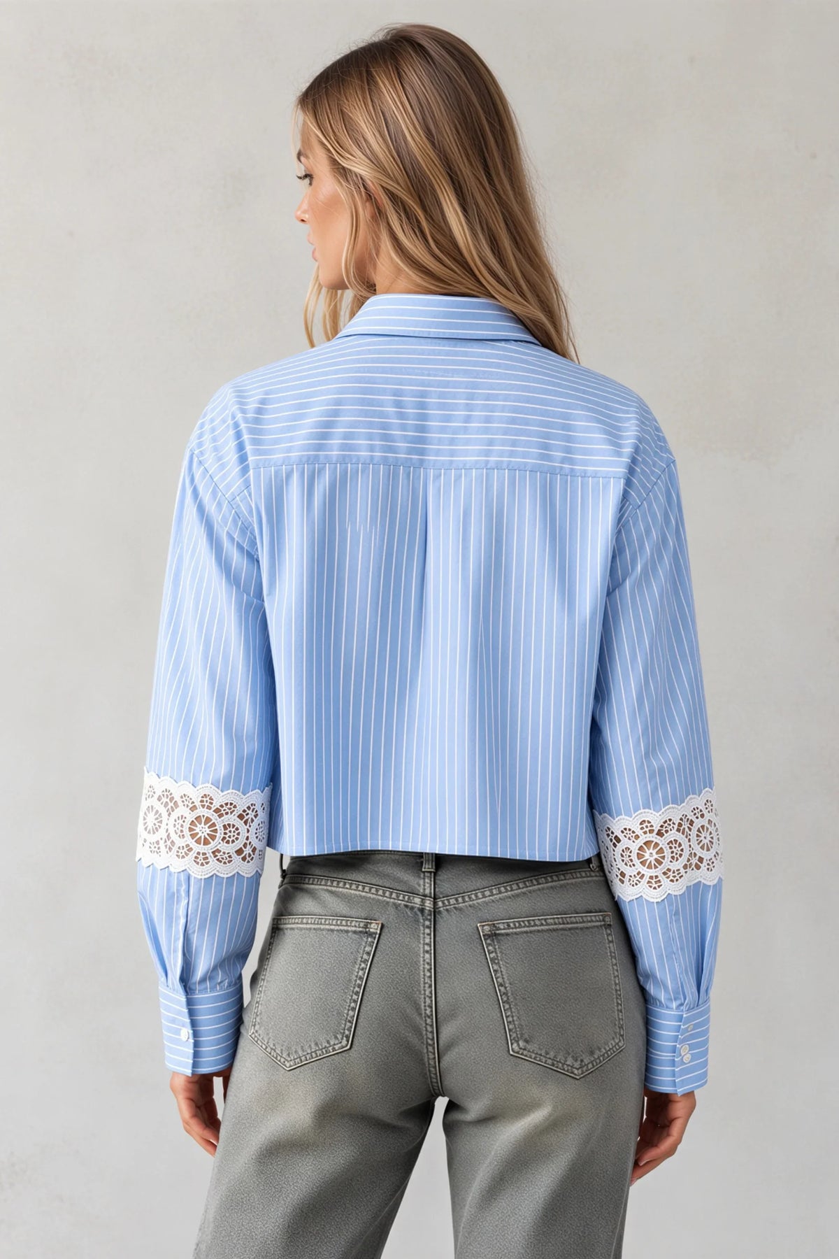 Blue Striped Crop Shirt with Lace Cuff Details Blue