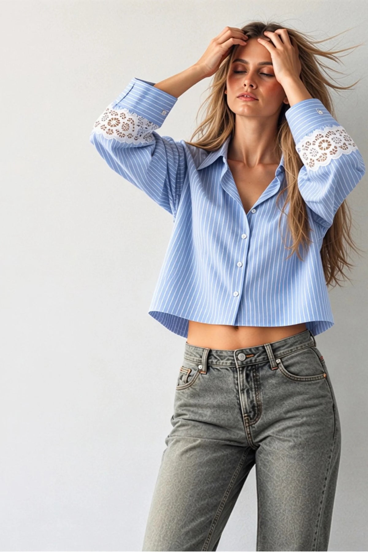Blue Striped Crop Shirt with Lace Cuff Details