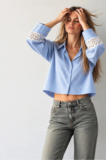 Blue Striped Crop Shirt with Lace Cuff Details
