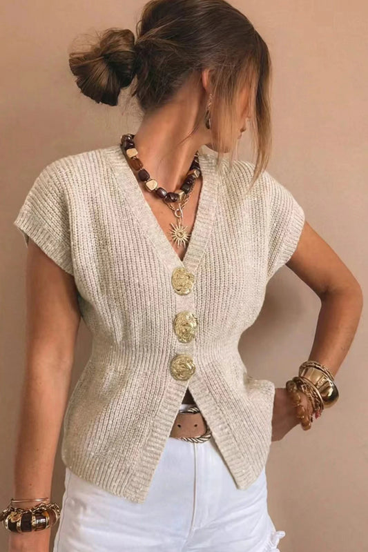 Oatmeal V-Neck Ribbed Knit Vest with Gold Buttons – Sleeveless Oatmeal