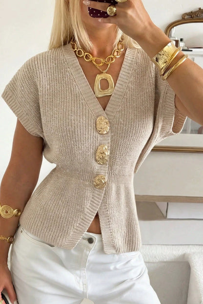 Oatmeal V-Neck Ribbed Knit Vest with Gold Buttons – Sleeveless Oatmeal
