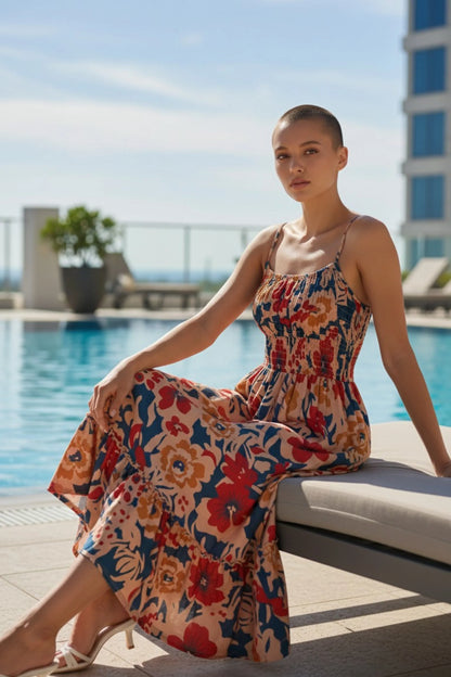 1 floral maxi sundress smocked bodice spaghetti strap tiered ruffle hem Navy Brown