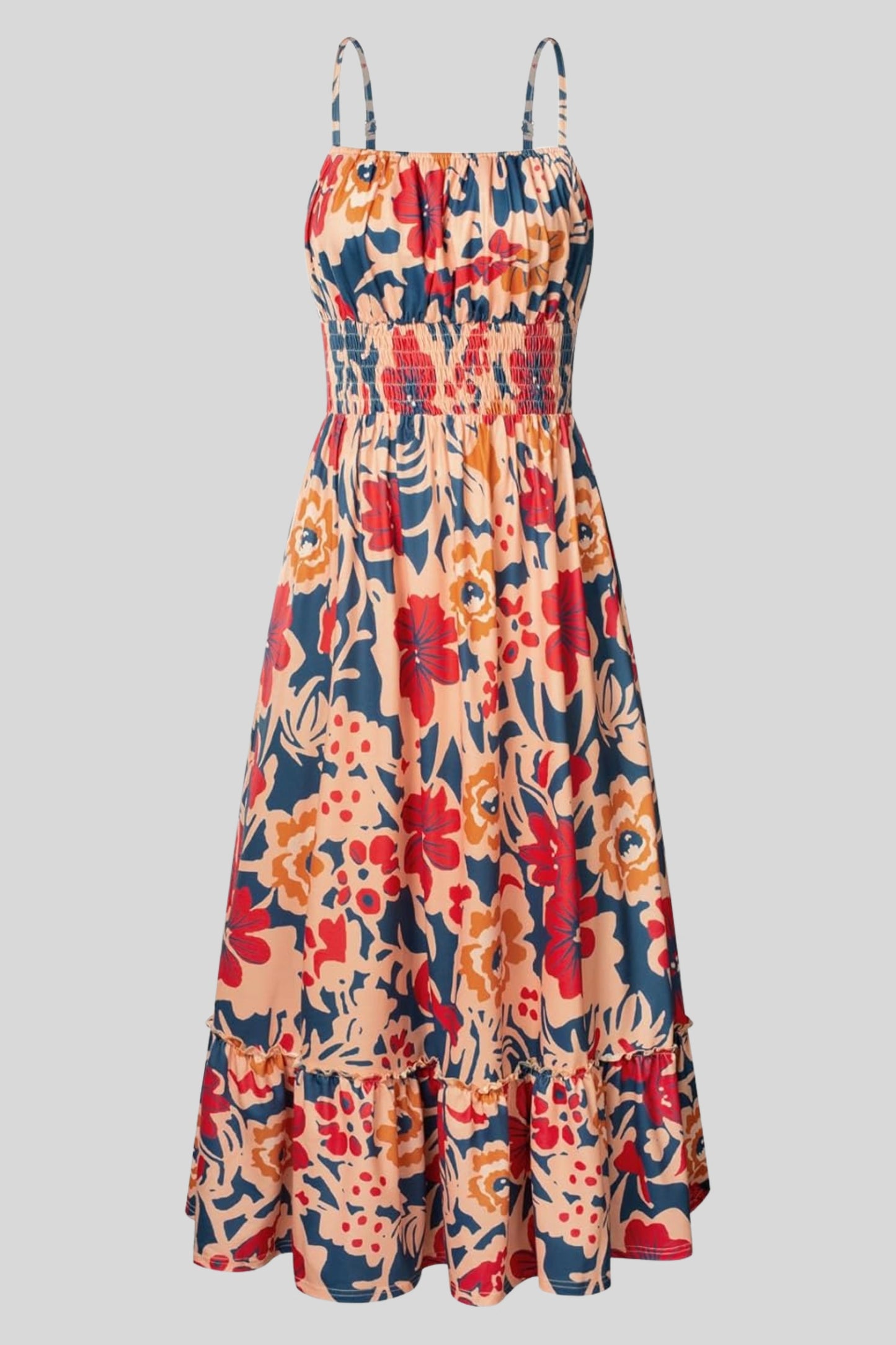 1 floral maxi sundress smocked bodice spaghetti strap tiered ruffle hem Navy Brown