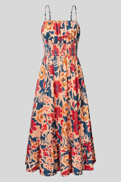1 floral maxi sundress smocked bodice spaghetti strap tiered ruffle hem Navy Brown