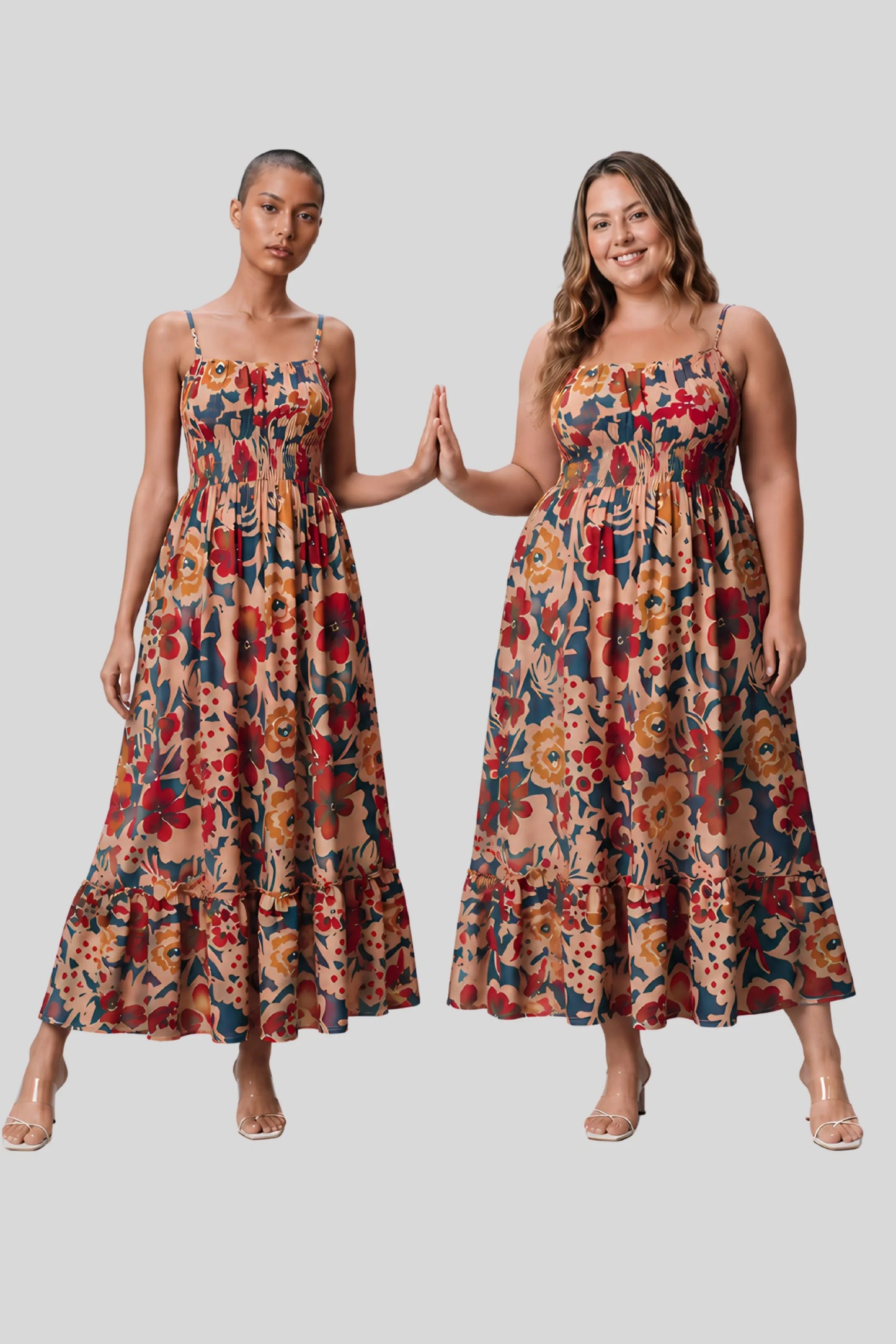 1 floral maxi sundress smocked bodice spaghetti strap tiered ruffle hem Navy Brown