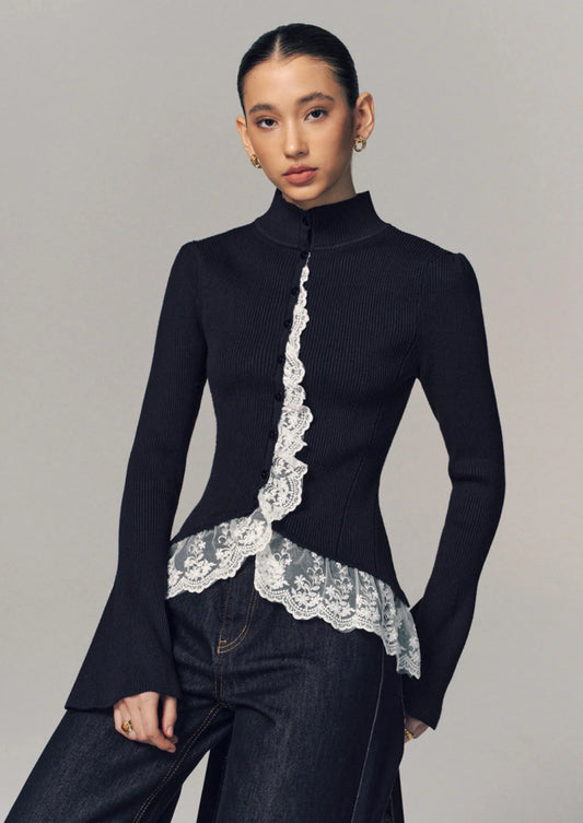 Ribbed Knit Top with Lace Ruffle Detail Dark Blue