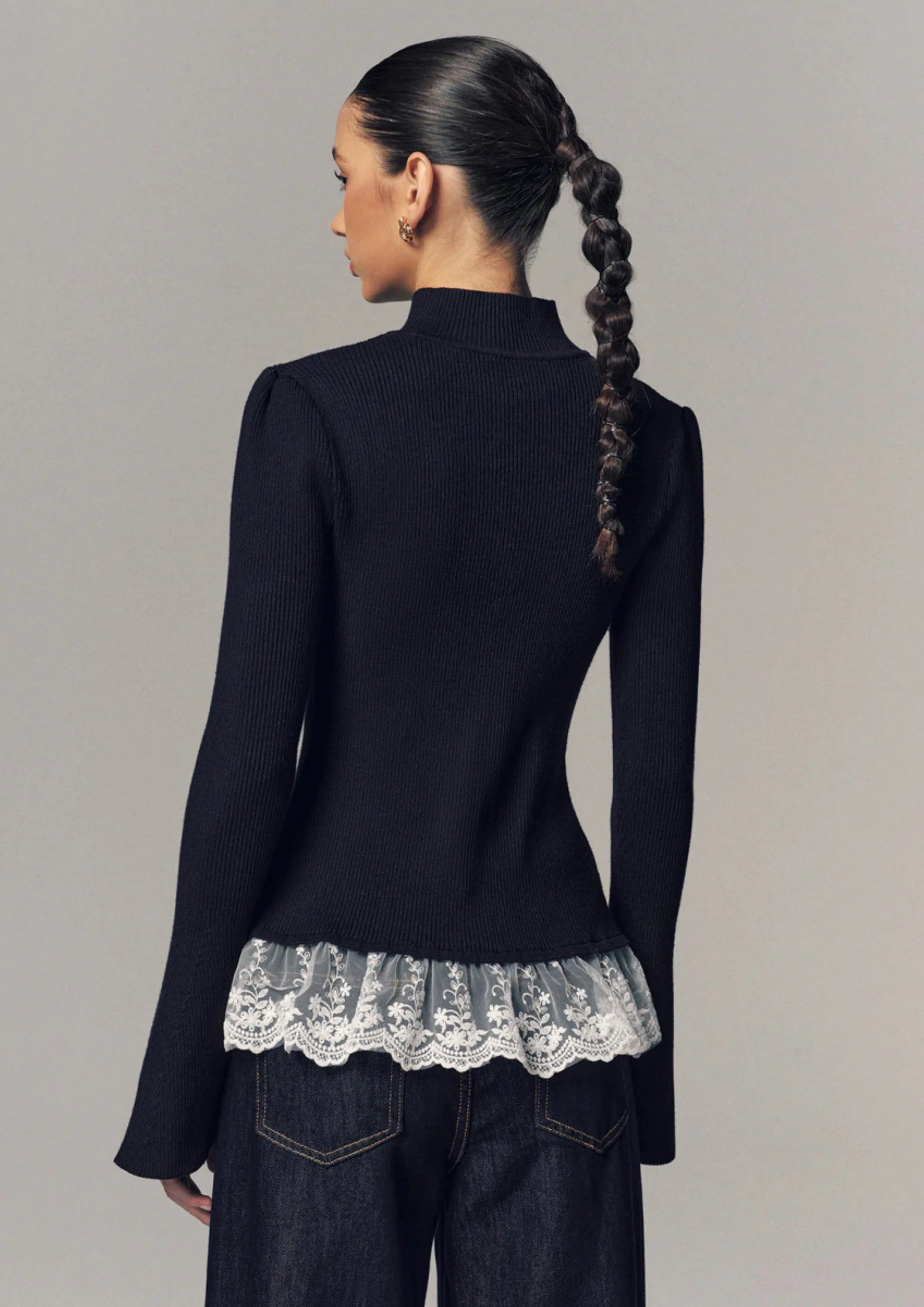 Ribbed Knit Top with Lace Ruffle Detail Dark Blue