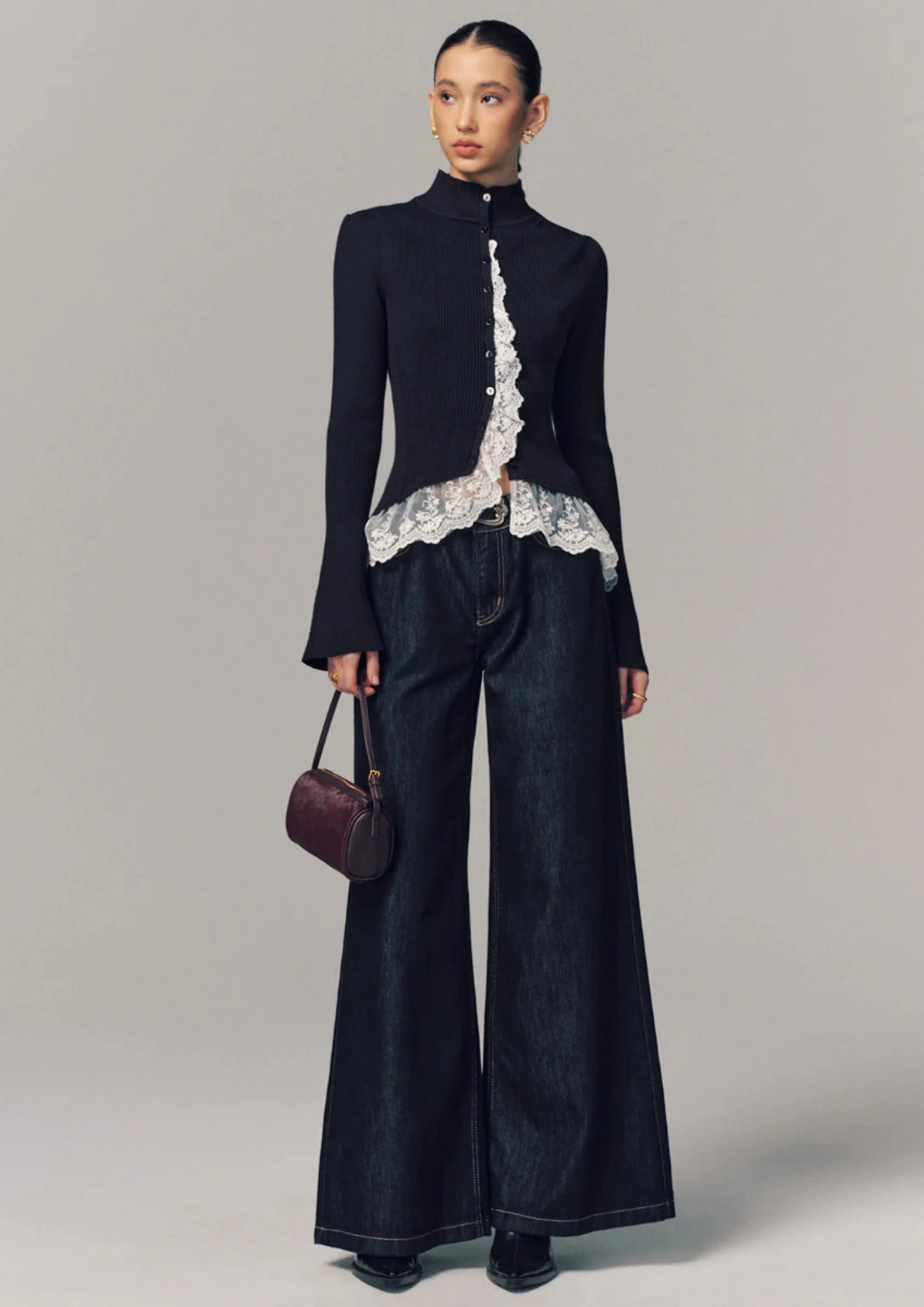 Ribbed Knit Top with Lace Ruffle Detail Dark Blue