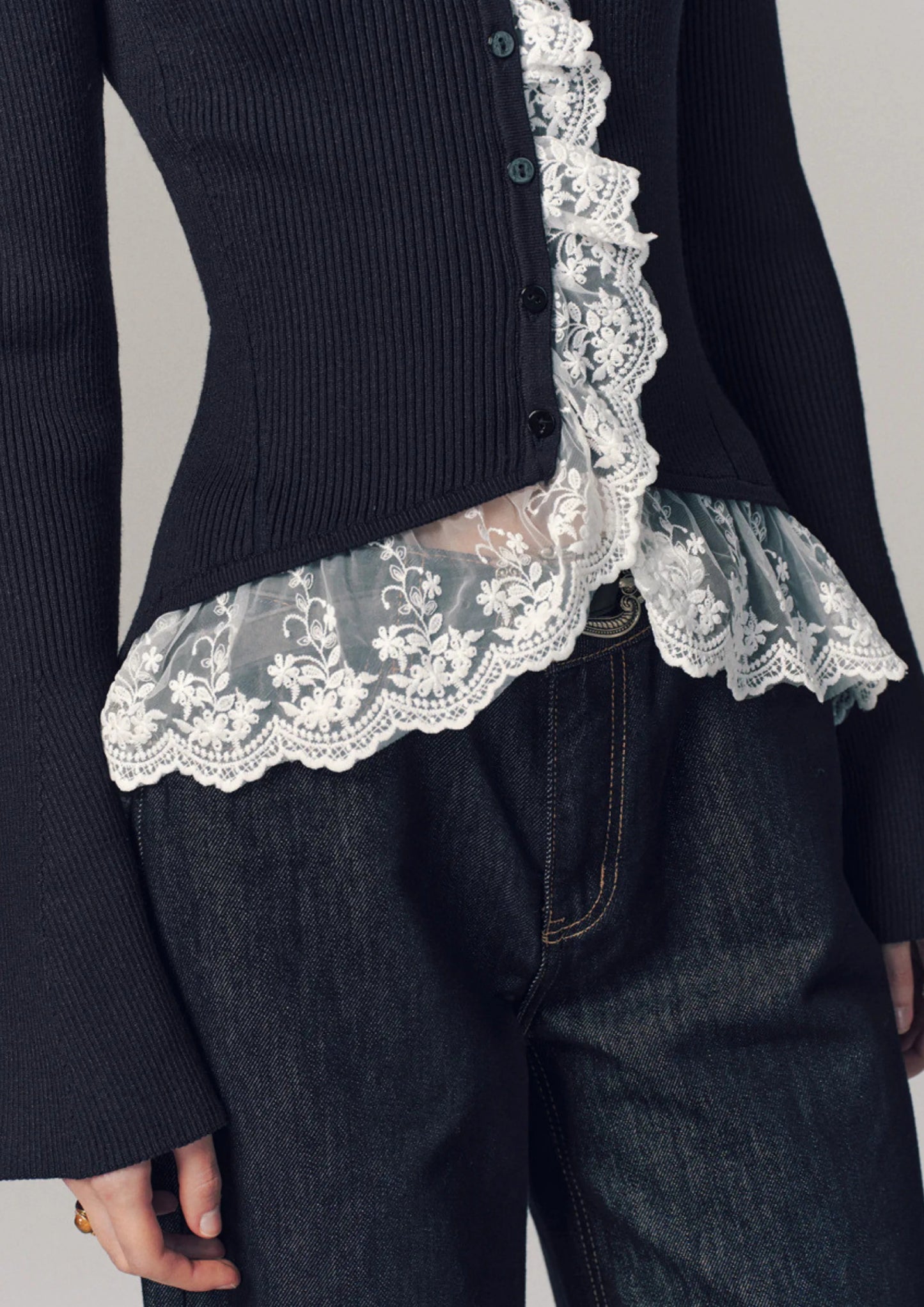 Ribbed Knit Top with Lace Ruffle Detail Dark Blue