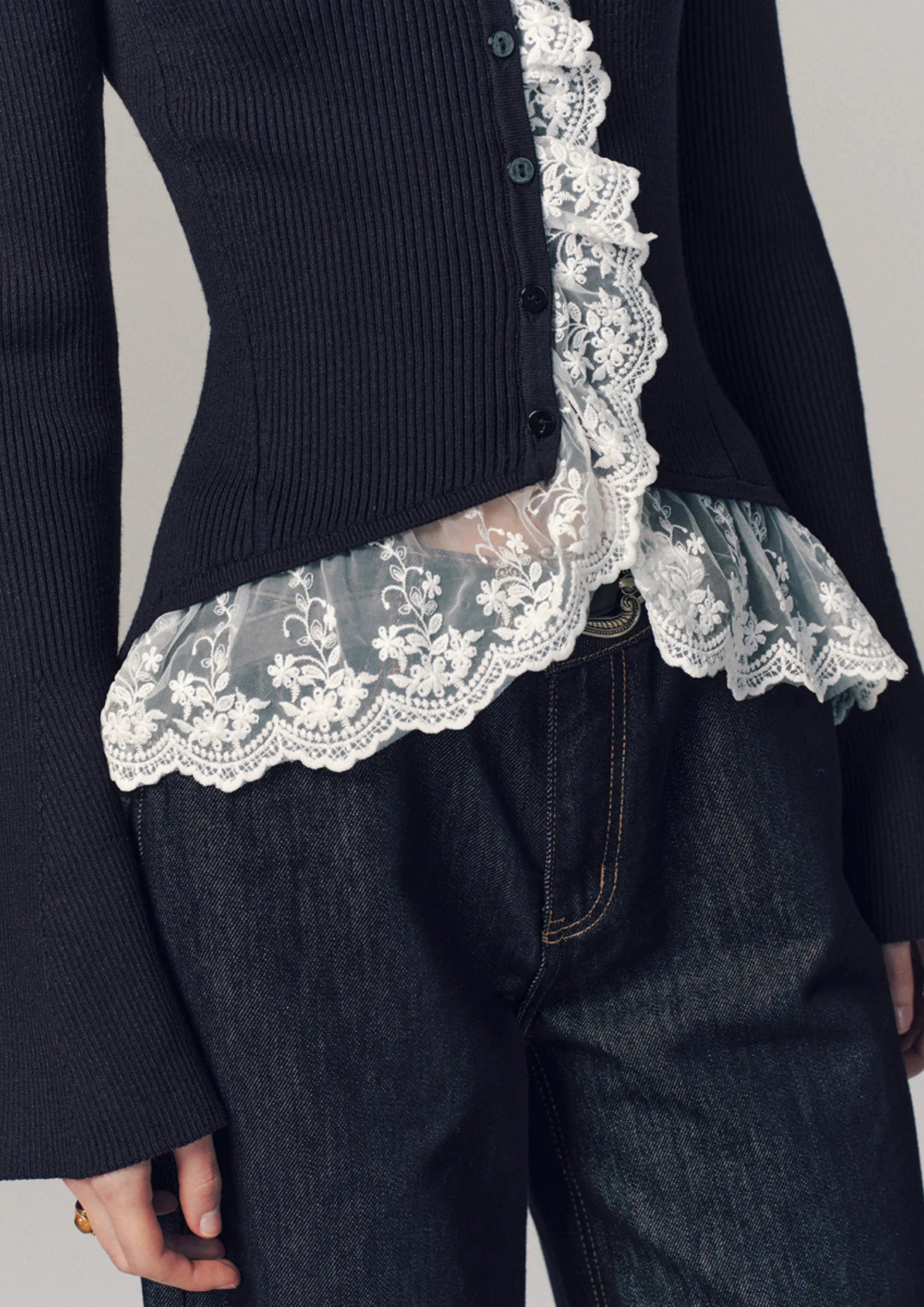 Ribbed Knit Top with Lace Ruffle Detail Dark Blue