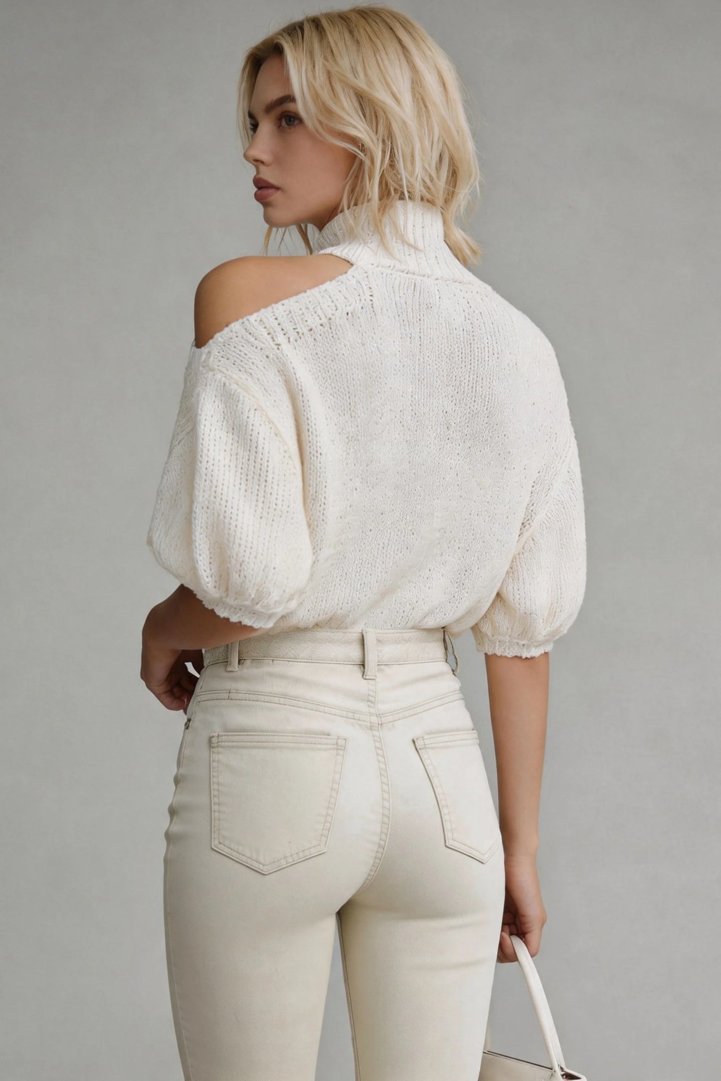 White High-Neck One-Shoulder Knit Top with Puff Sleeves White
