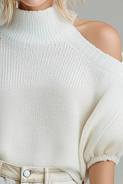 White High-Neck One-Shoulder Knit Top with Puff Sleeves White