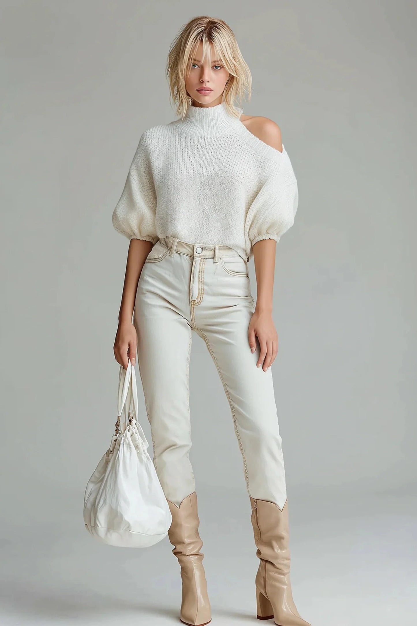 White High-Neck One-Shoulder Knit Top with Puff Sleeves White