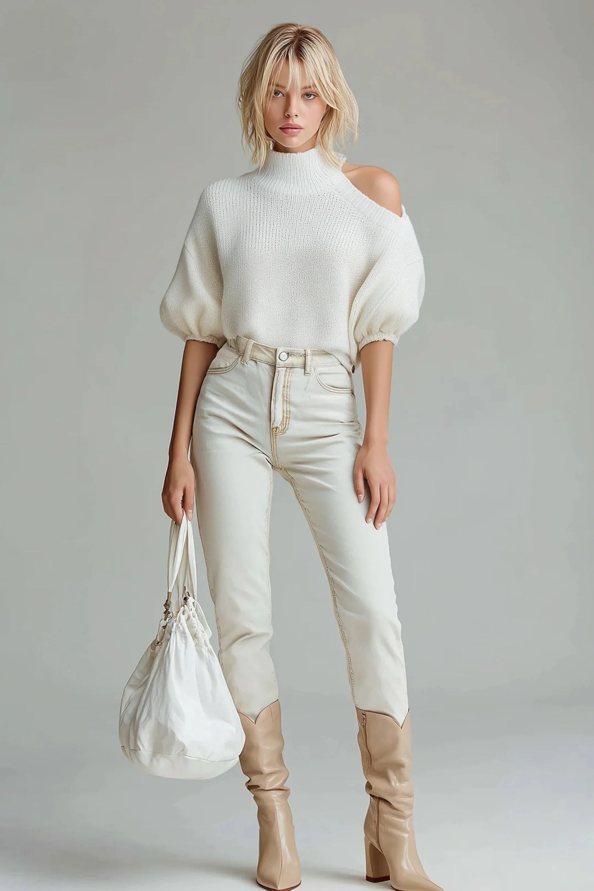 White High-Neck One-Shoulder Knit Top with Puff Sleeves White
