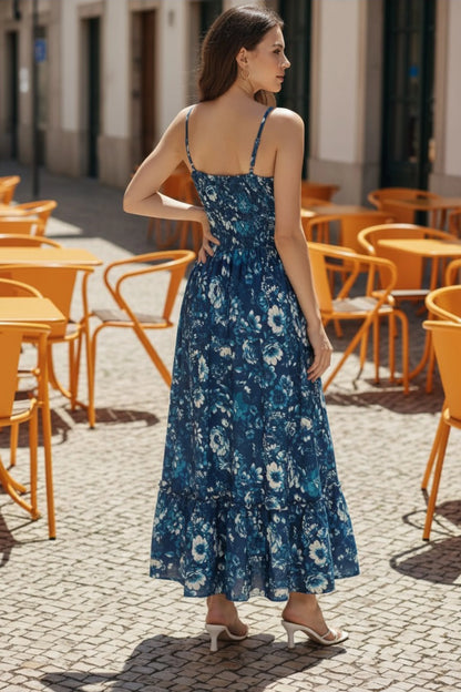 2 floral maxi sundress smocked bodice spaghetti strap tiered ruffle hem  Dark