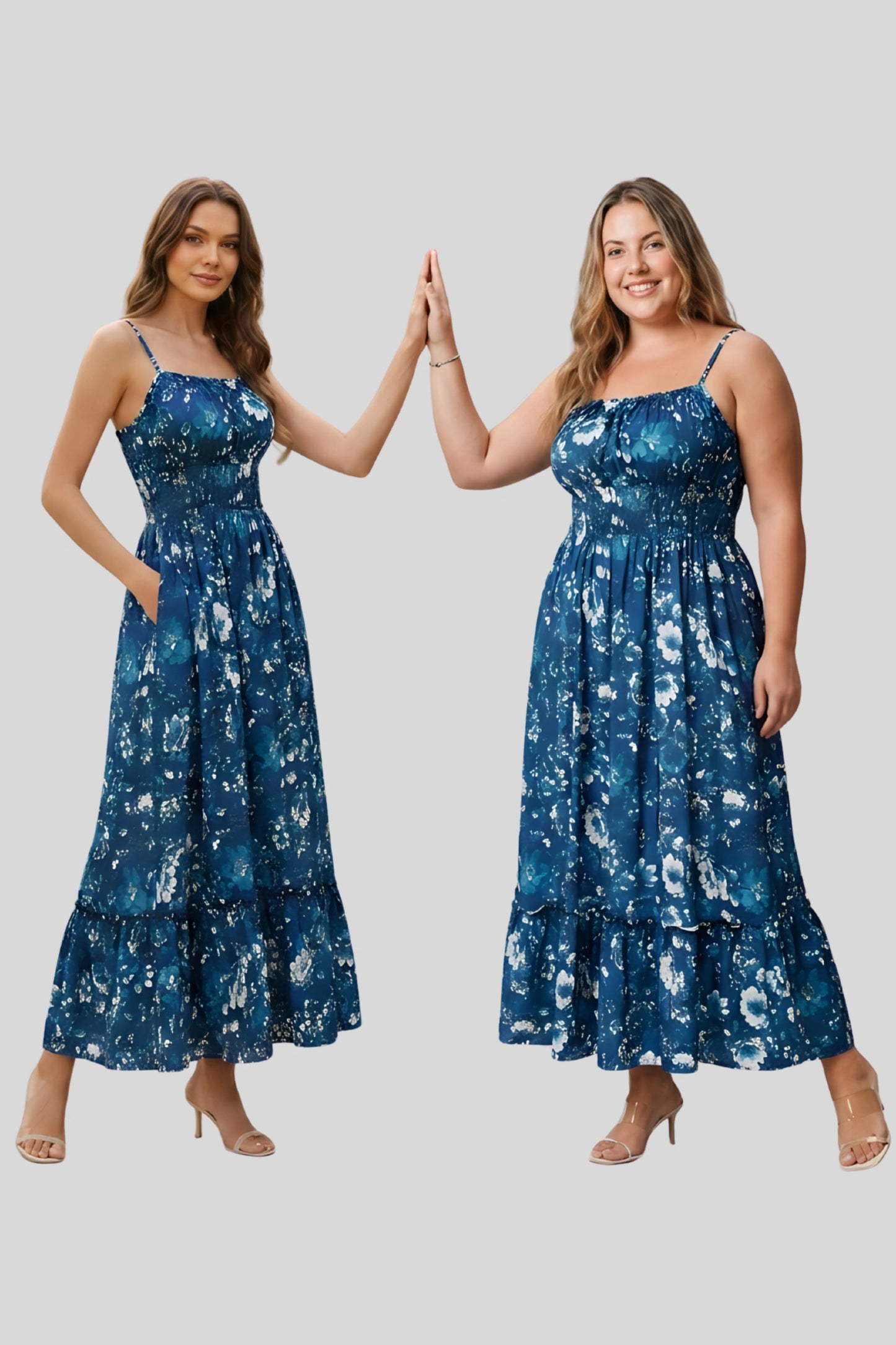 2 floral maxi sundress smocked bodice spaghetti strap tiered ruffle hem  Dark