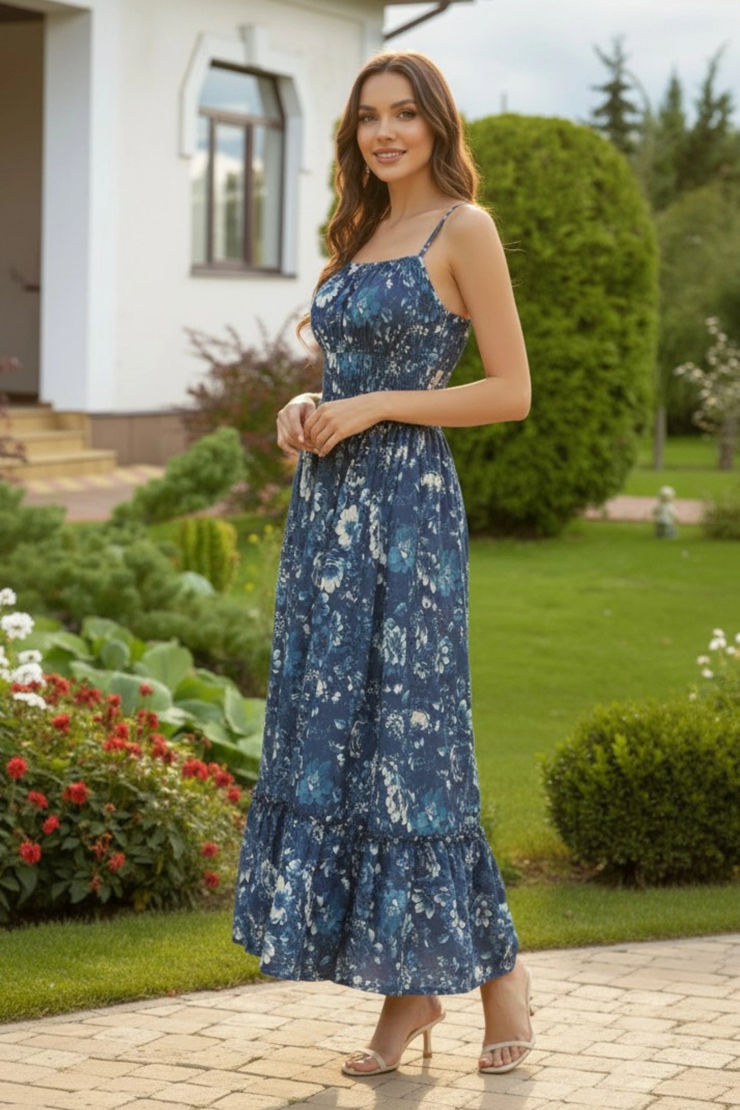 2 floral maxi sundress smocked bodice spaghetti strap tiered ruffle hem  Dark
