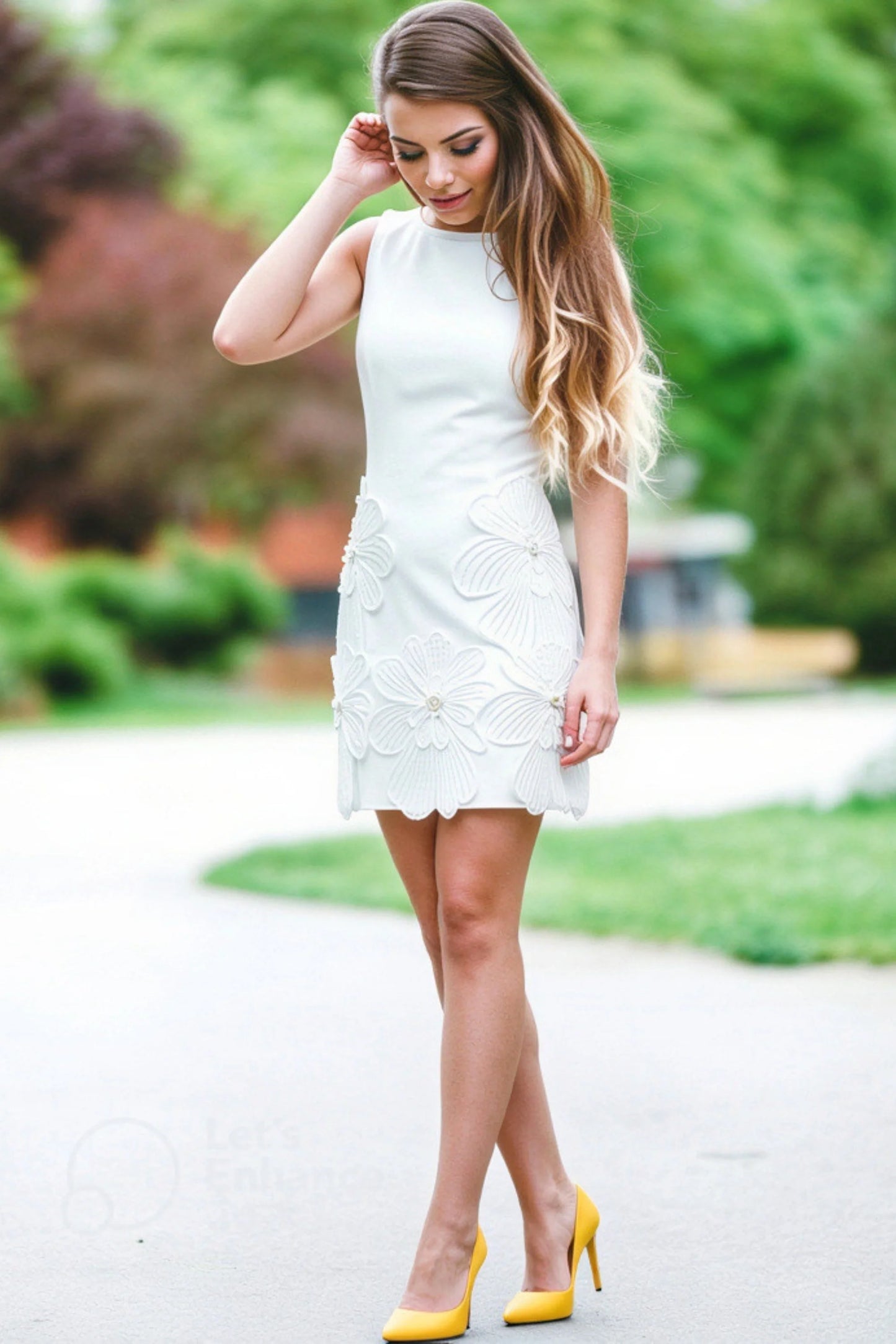 3D Floral Embroidered White Mini Shift Dress White