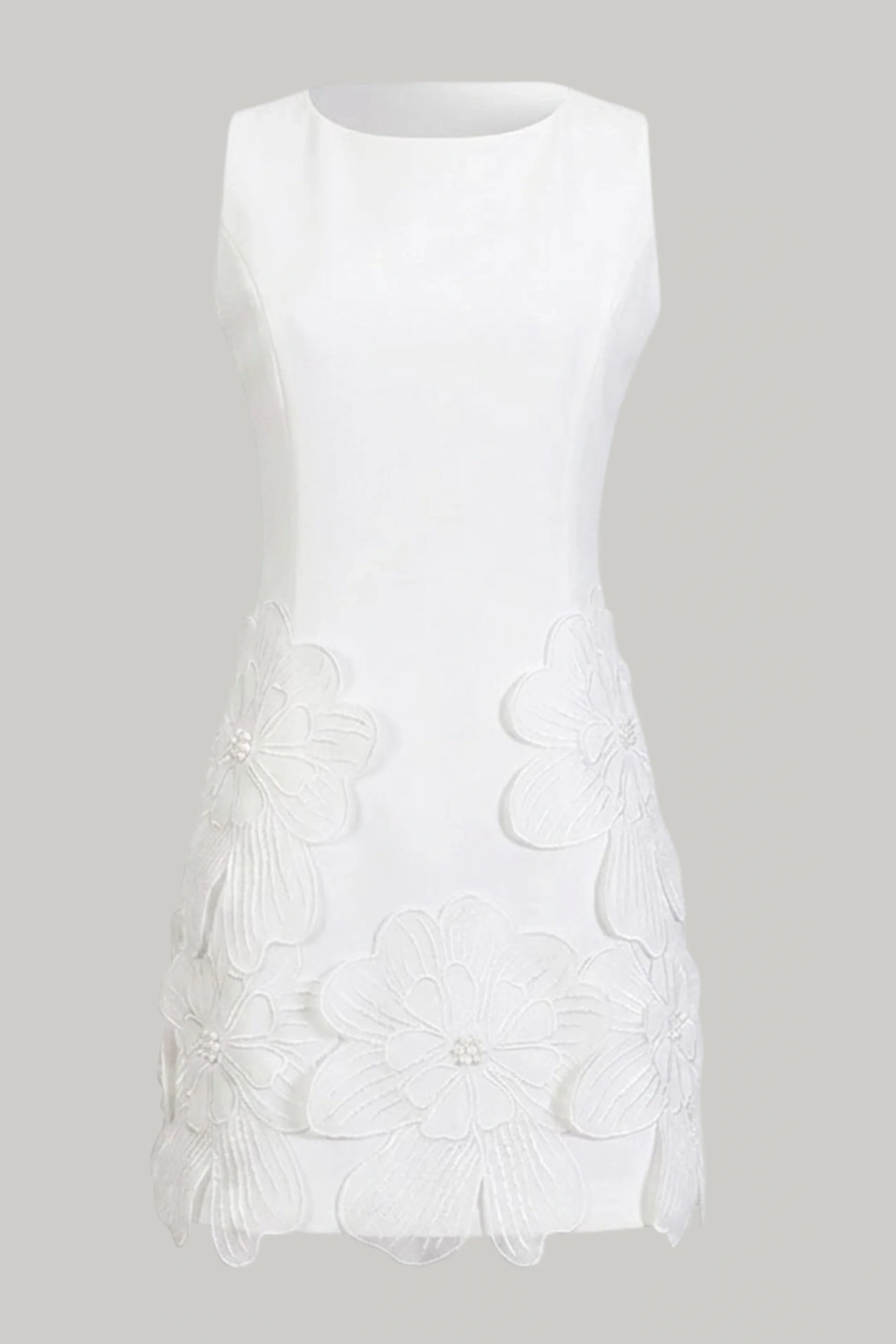 3D Floral Embroidered White Mini Shift Dress White