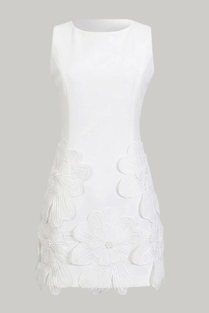 3D Floral Embroidered White Mini Shift Dress White