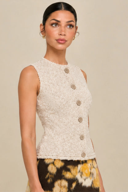 Cream Cotton-Linen Sleeveless Button-Up Cardigan