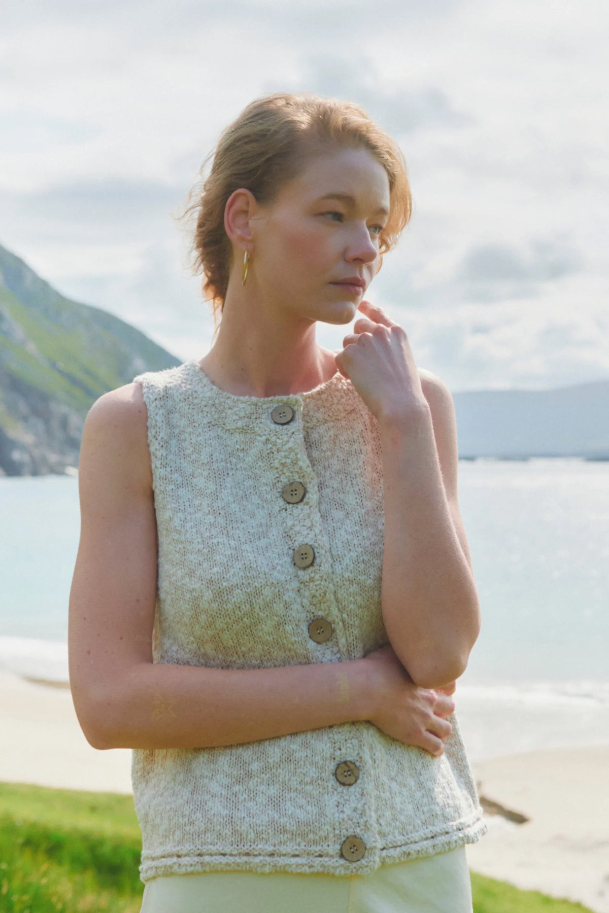 Cream Cotton-Linen Sleeveless Button-Up Cardigan Cream