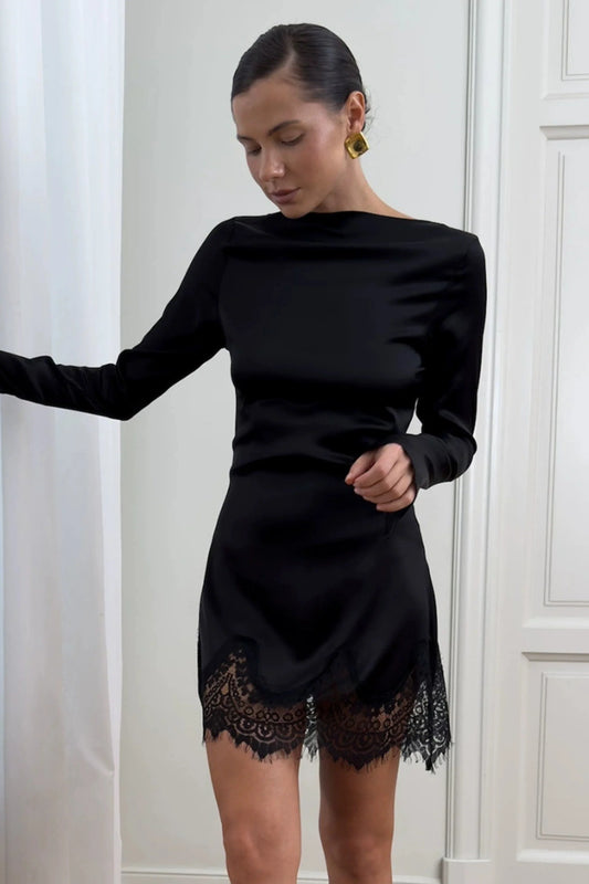 Long Sleeve Lace Bodycon Mini Dress Black
