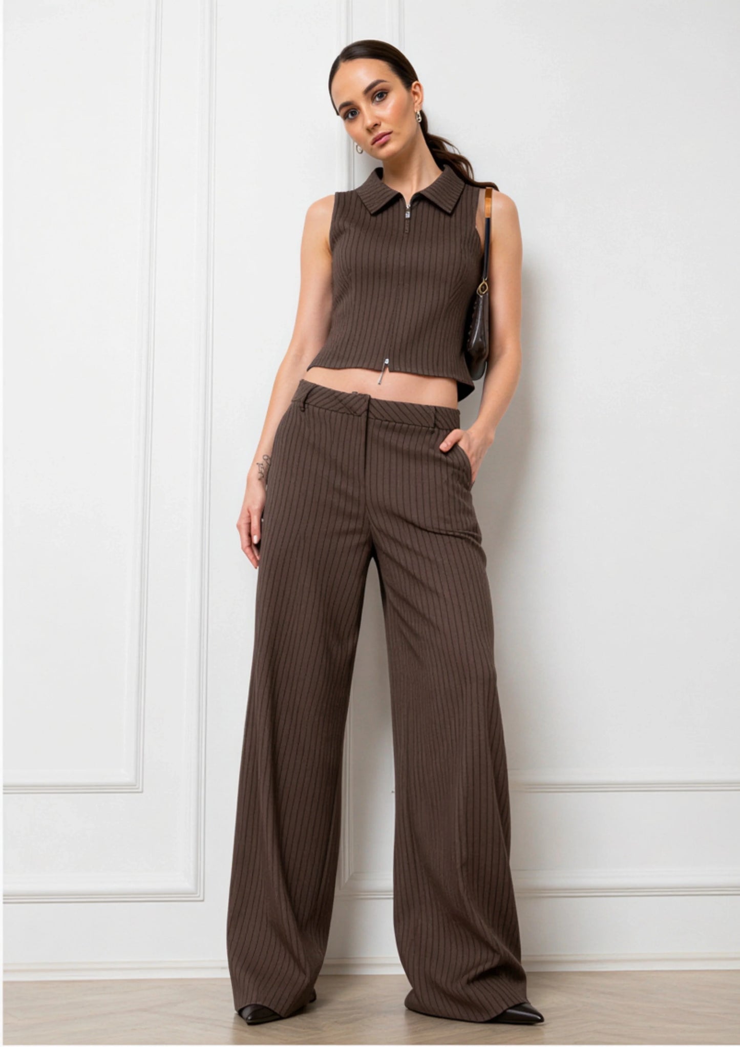 Striped Sleeveless Top and Wide-Leg Pants Set Coffee Brown
