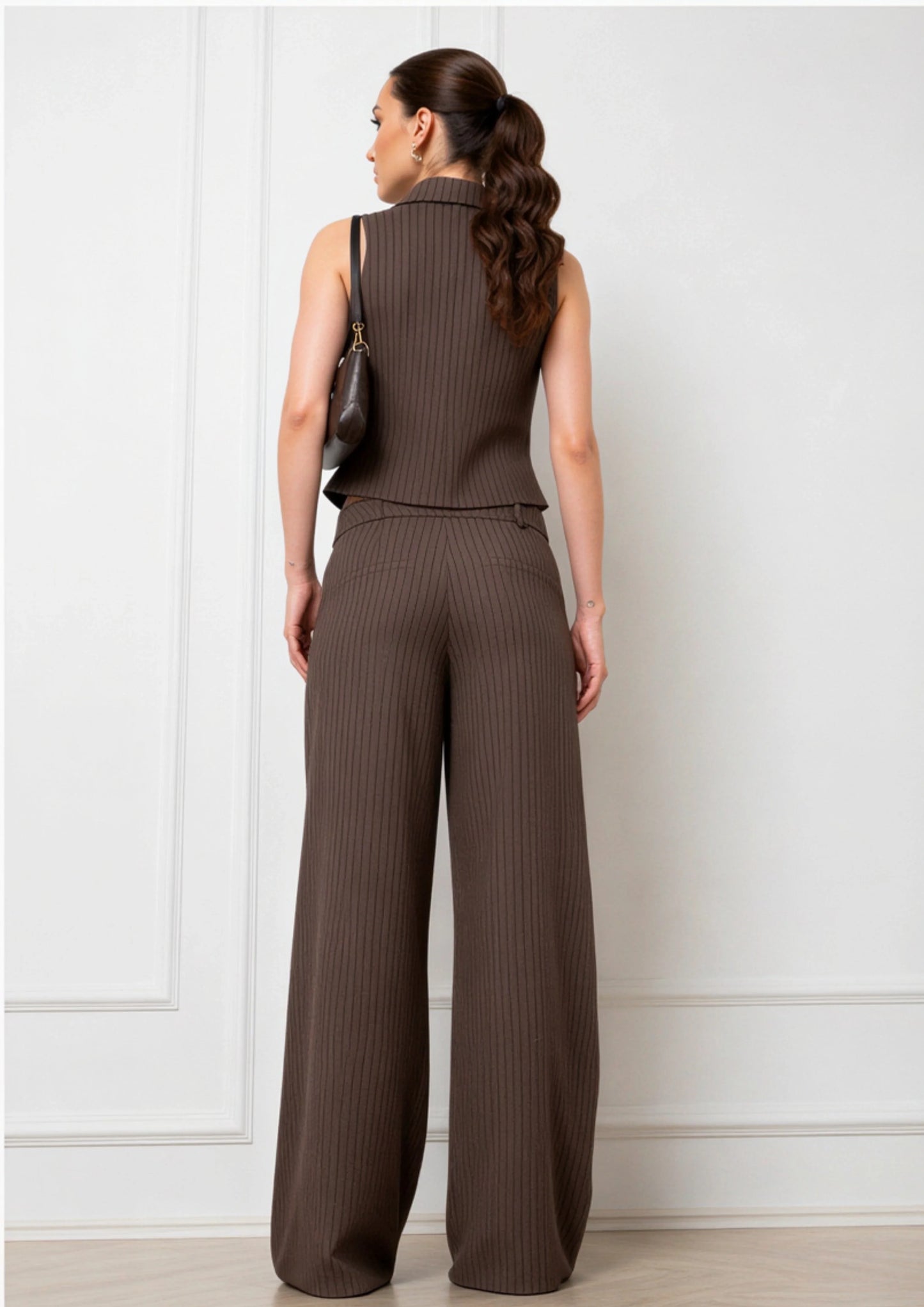 Striped Sleeveless Top and Wide-Leg Pants Set Coffee Brown