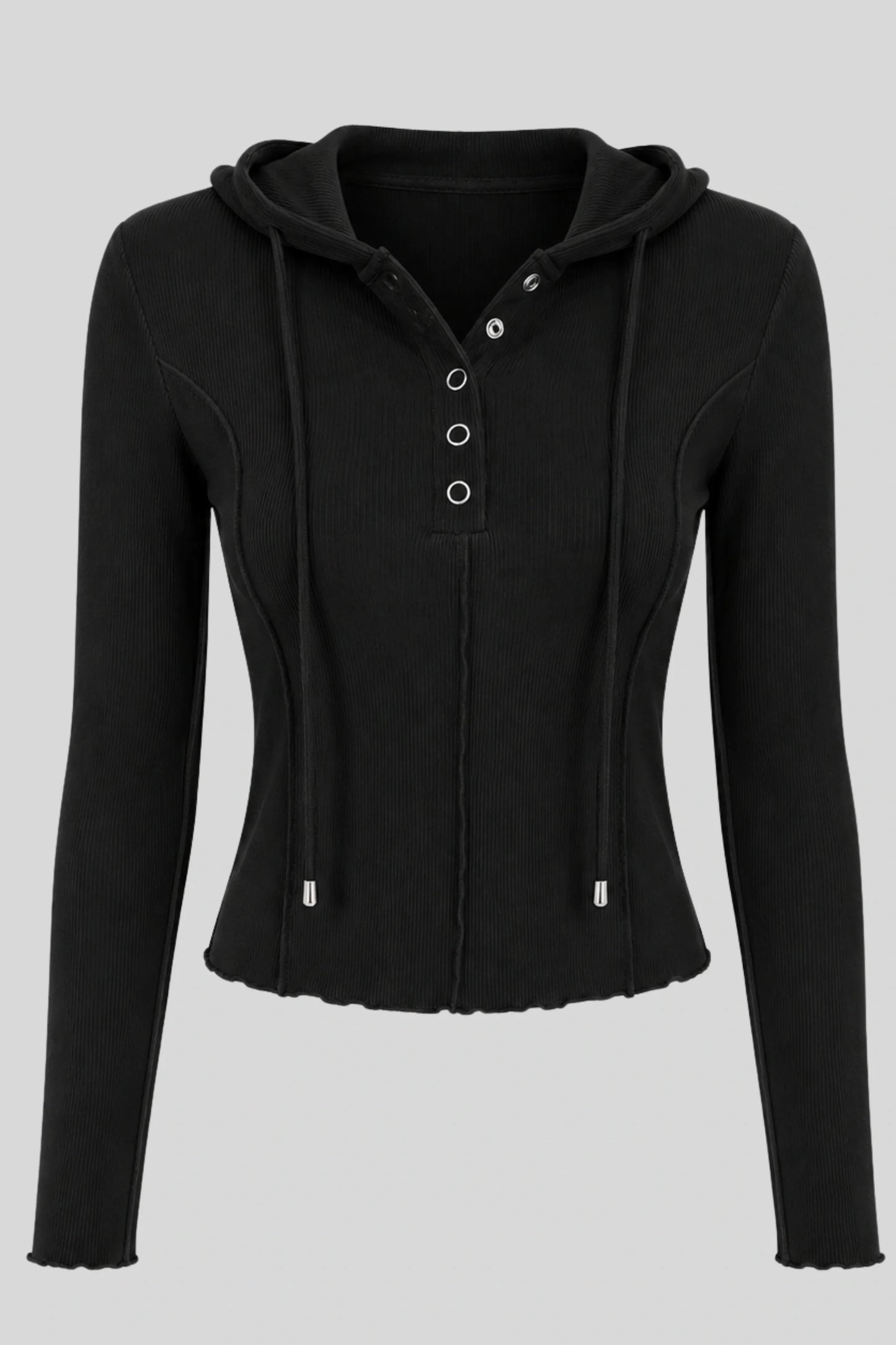 Grey Ribbed Hooded Long-Sleeve Top with Button Placket Black