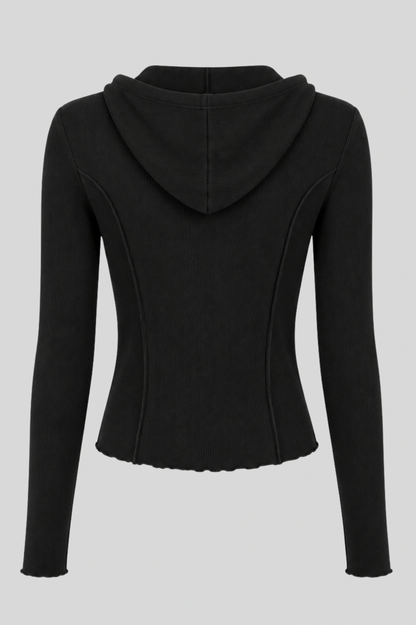 Grey Ribbed Hooded Long-Sleeve Top with Button Placket  Black