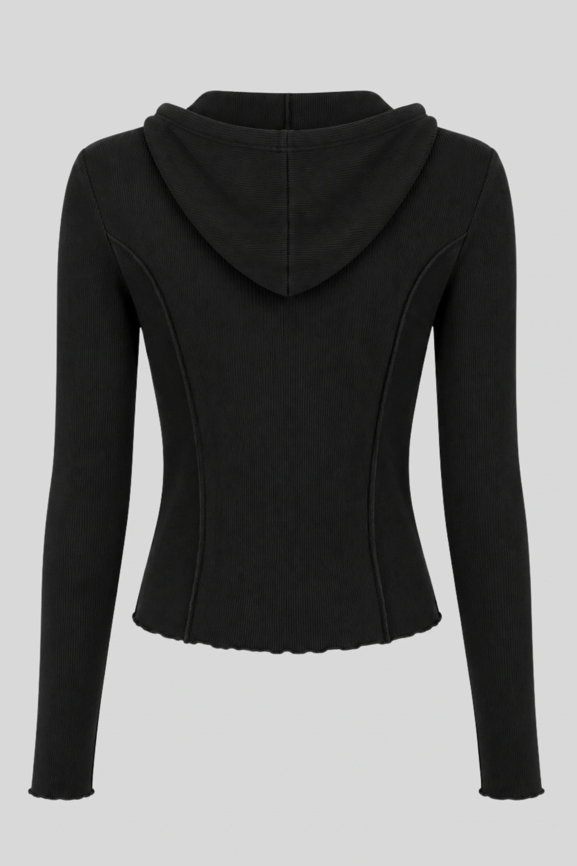 Grey Ribbed Hooded Long-Sleeve Top with Button Placket  Black