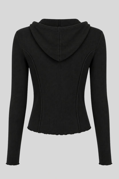 Grey Ribbed Hooded Long-Sleeve Top with Button Placket  Black