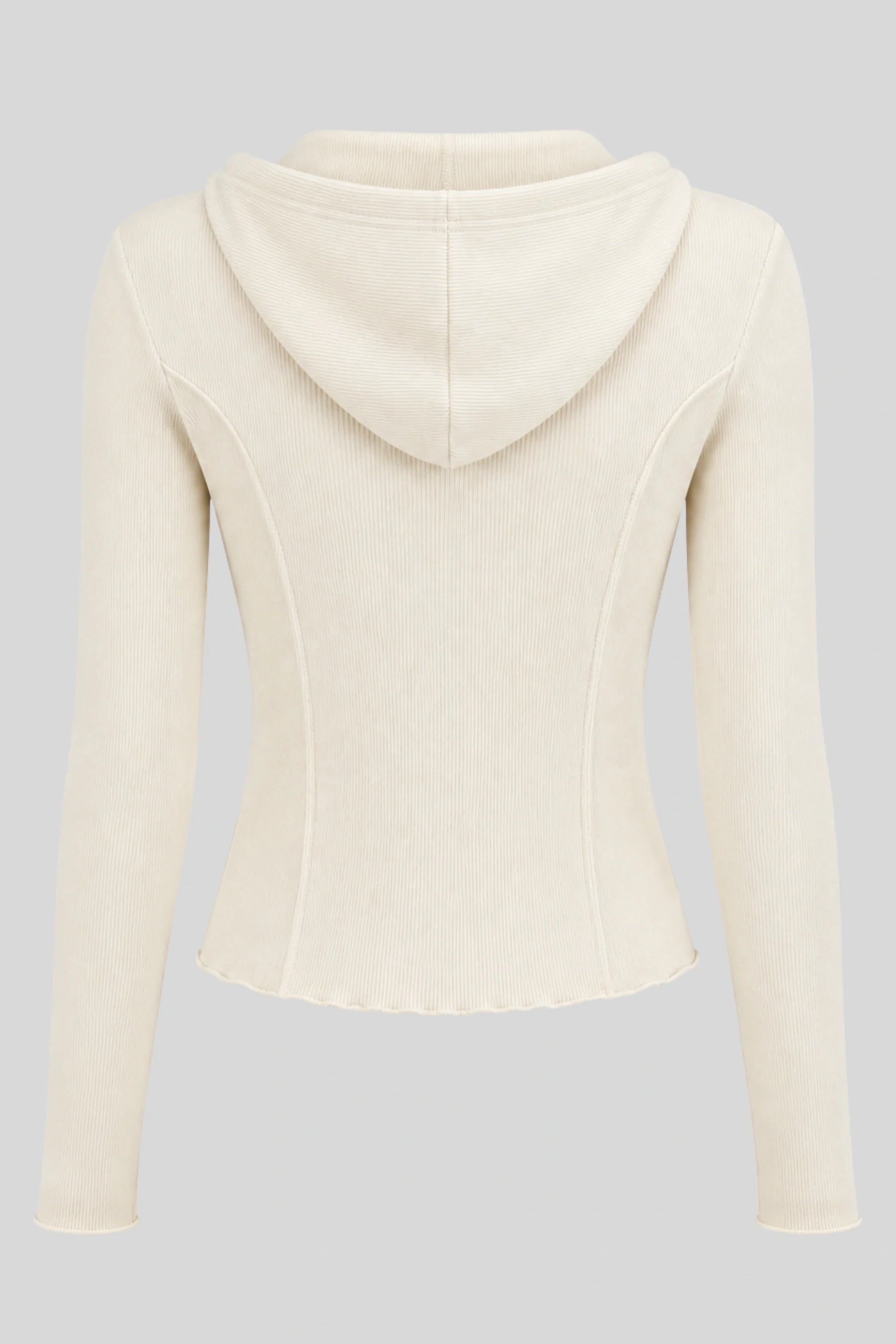 Grey Ribbed Hooded Long-Sleeve Top with Button Placket White