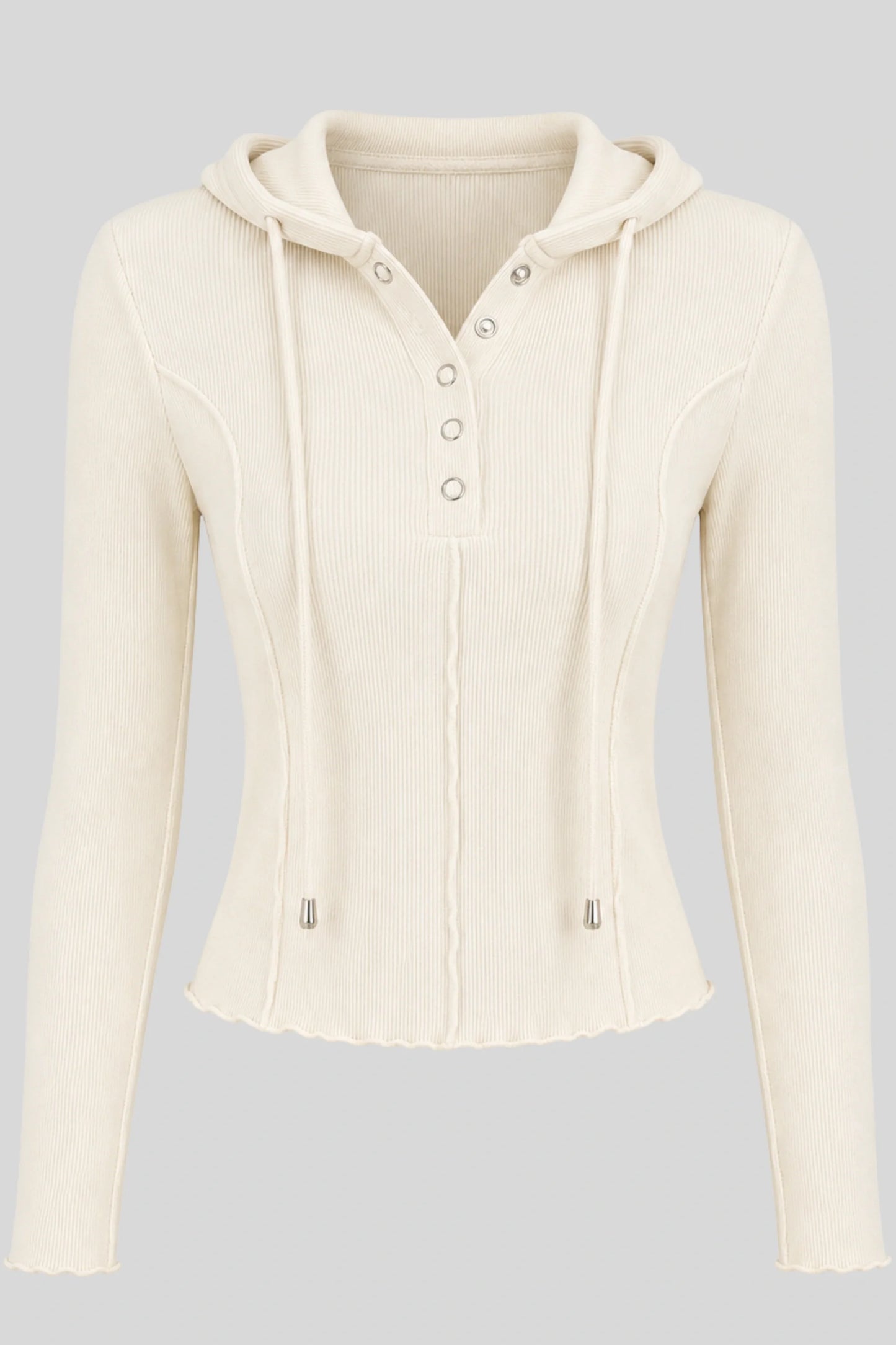 Grey Ribbed Hooded Long-Sleeve Top with Button Placket White