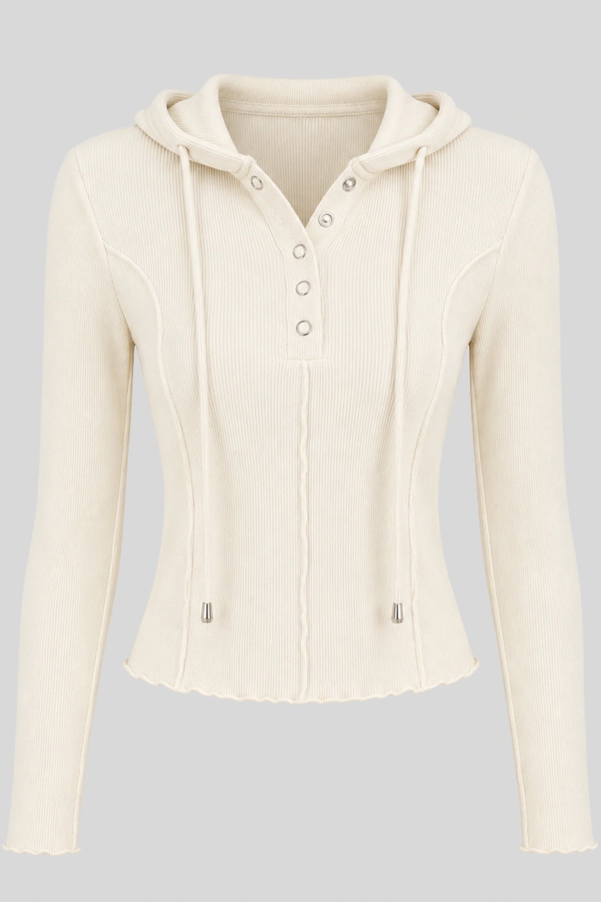 Grey Ribbed Hooded Long-Sleeve Top with Button Placket White