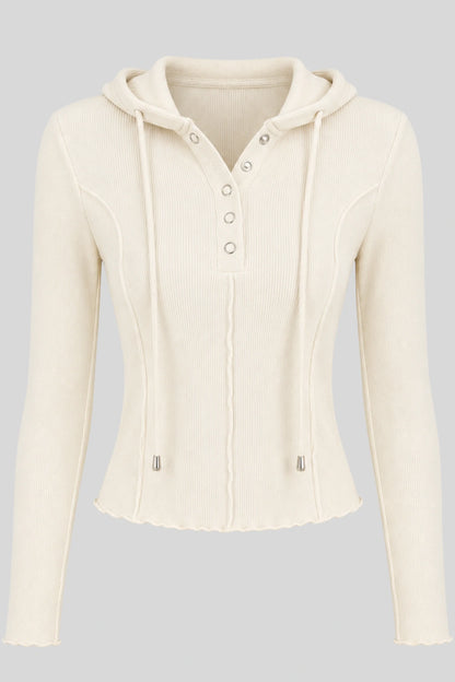Grey Ribbed Hooded Long-Sleeve Top with Button Placket White