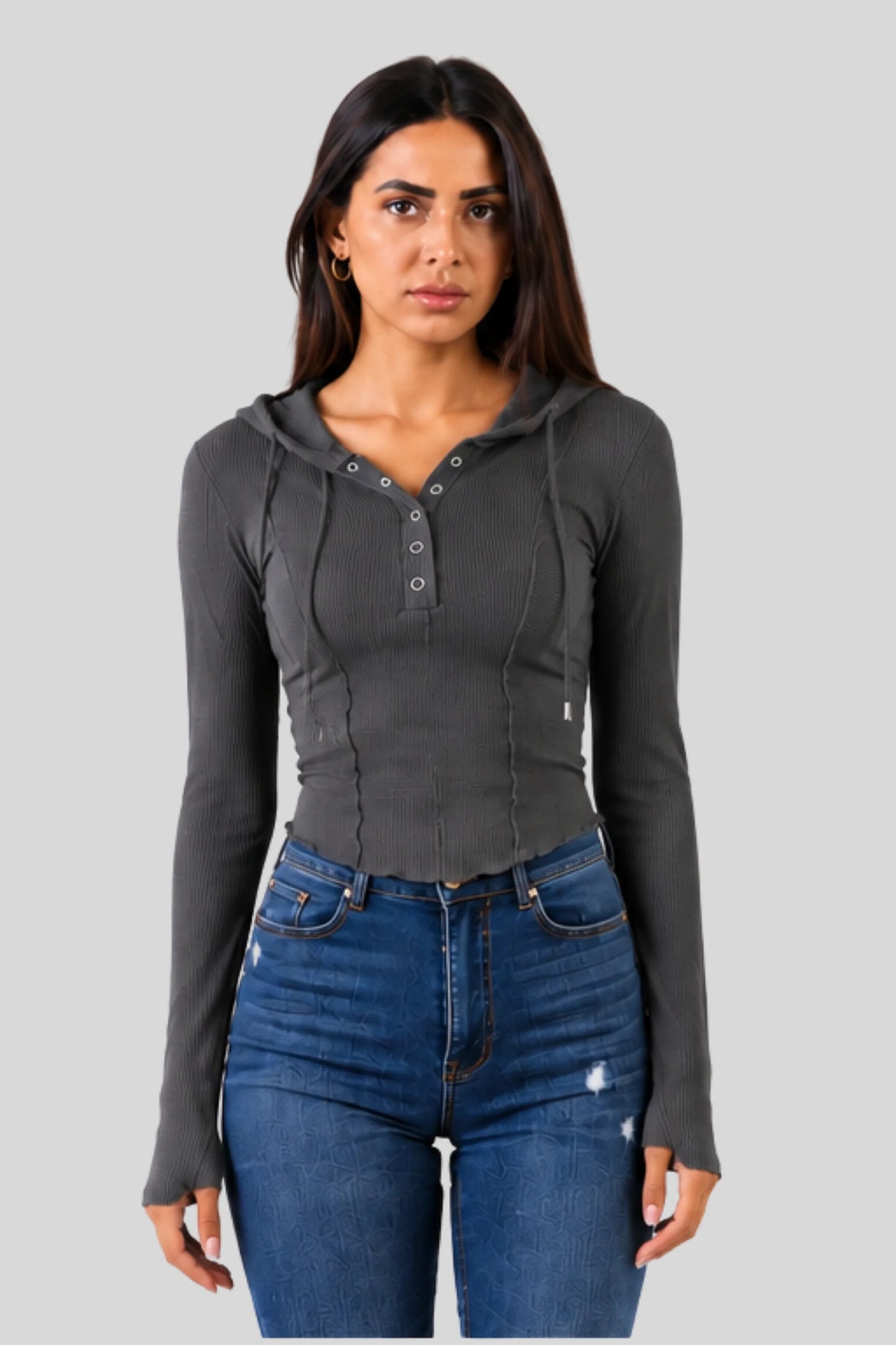 Grey Ribbed Hooded Long-Sleeve Top with Button Placket Grey