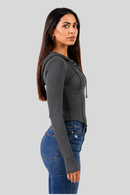 Grey Ribbed Hooded Long-Sleeve Top with Button Placket Grey