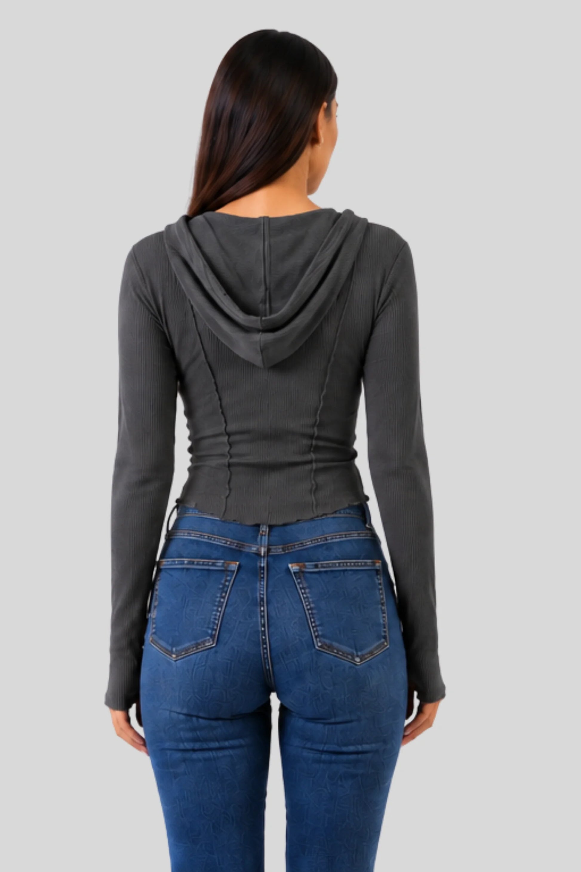 Grey Ribbed Hooded Long-Sleeve Top with Button Placket Grey