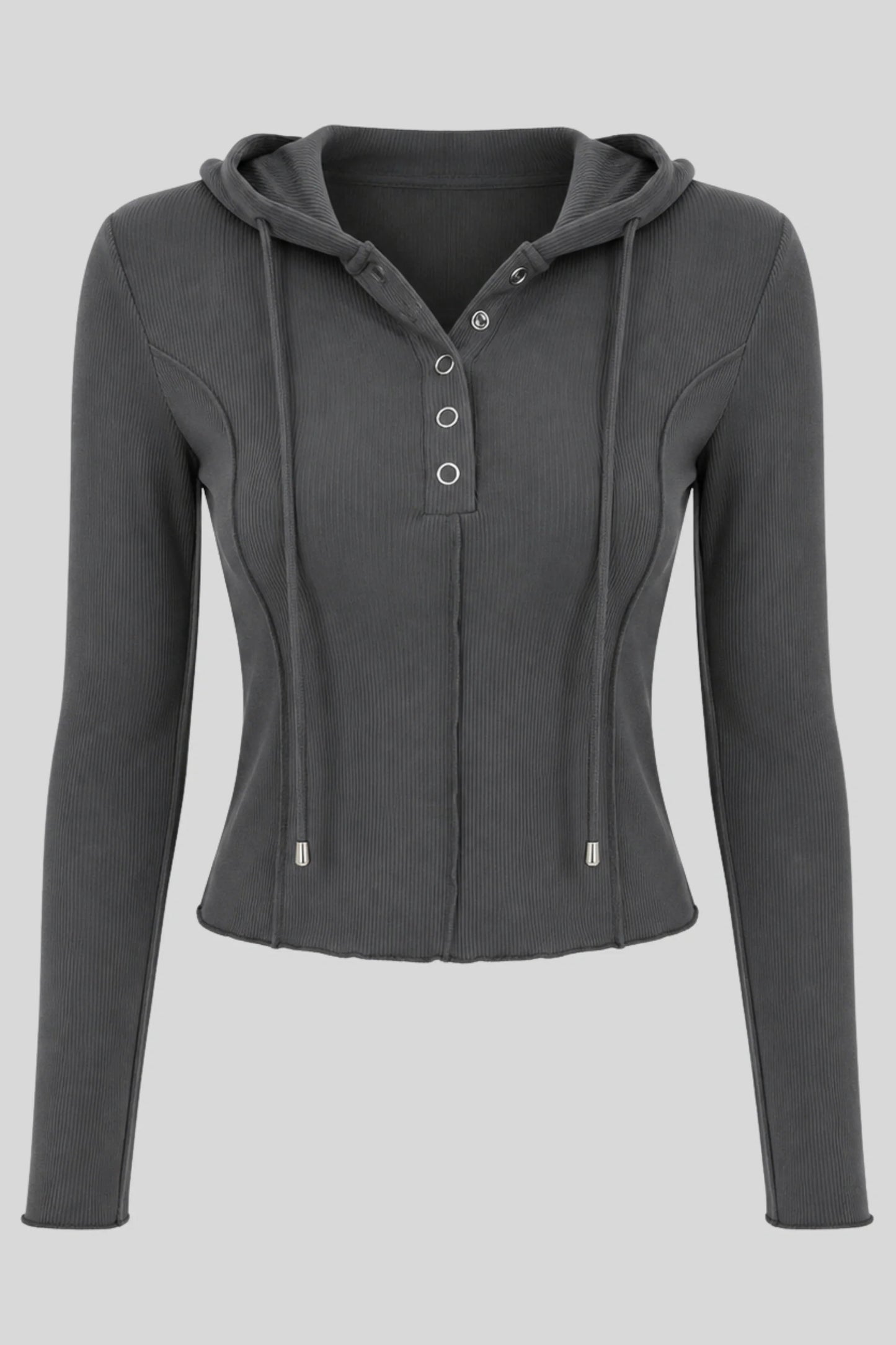 Grey Ribbed Hooded Long-Sleeve Top with Button Placket Grey